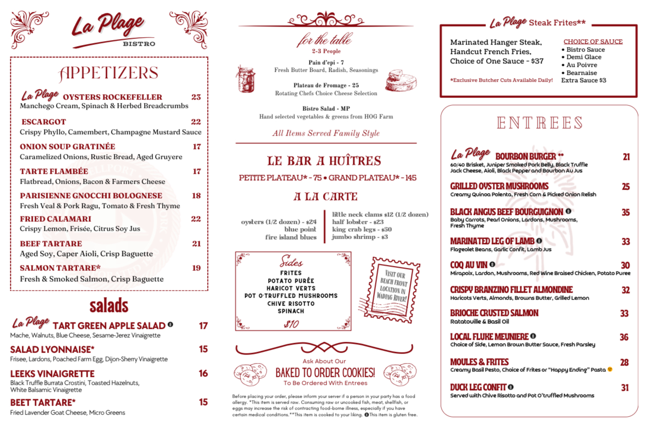 La Plage Bistro Menu
