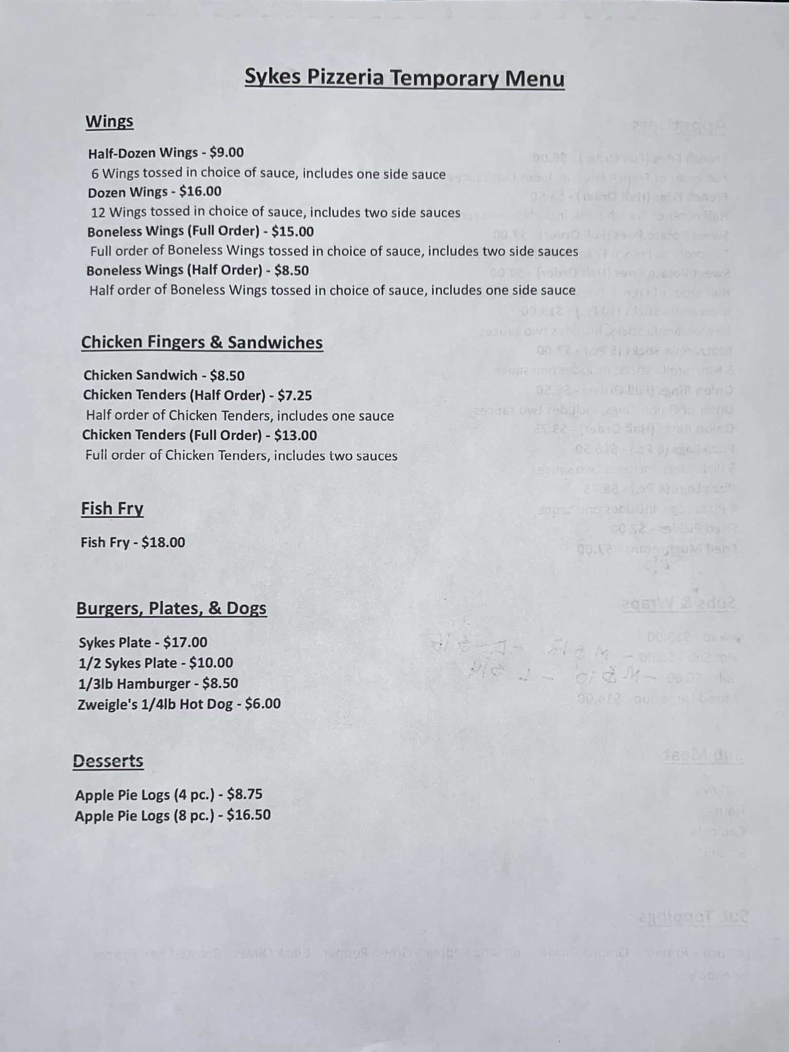 Sykes Pizzeria Menu
