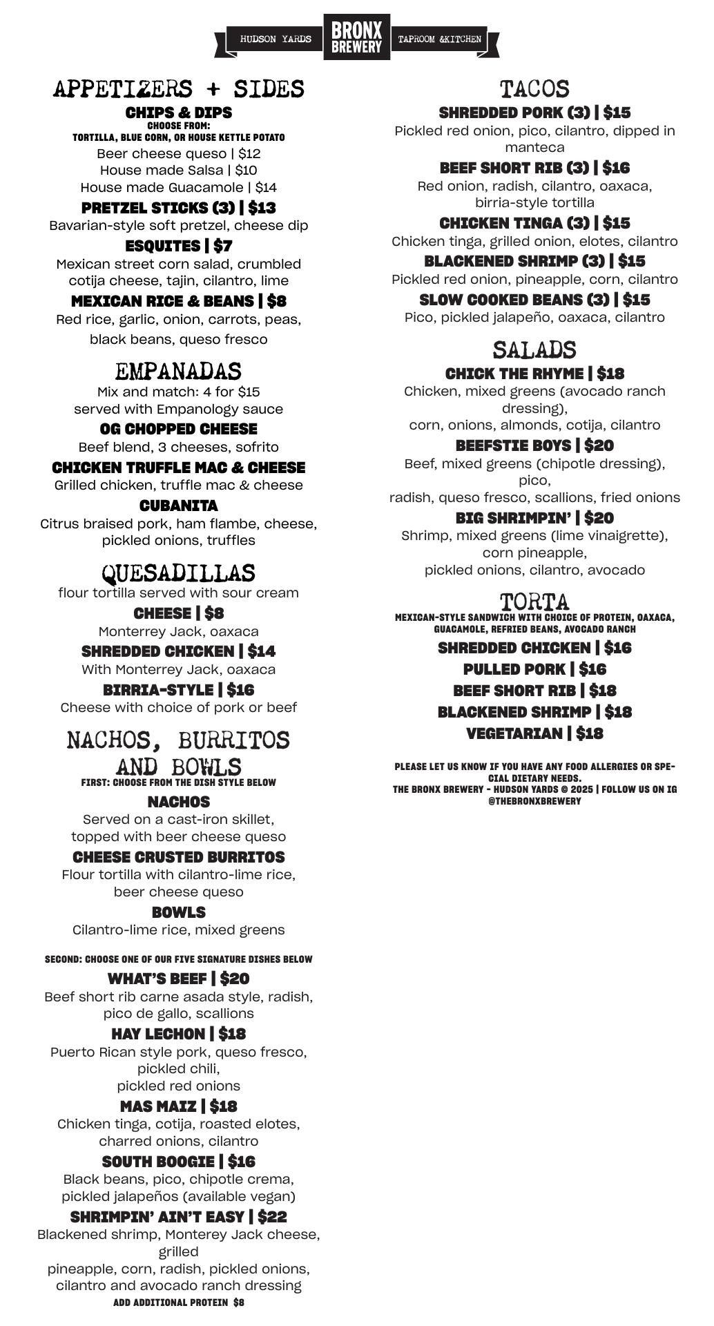 The Bronx Brewery & Empanology Menu