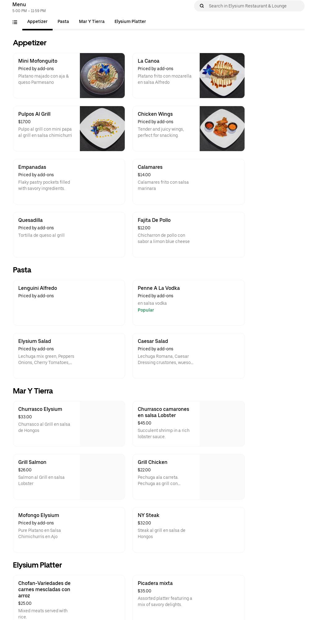 Elysium Restaurant & Lounge Menu