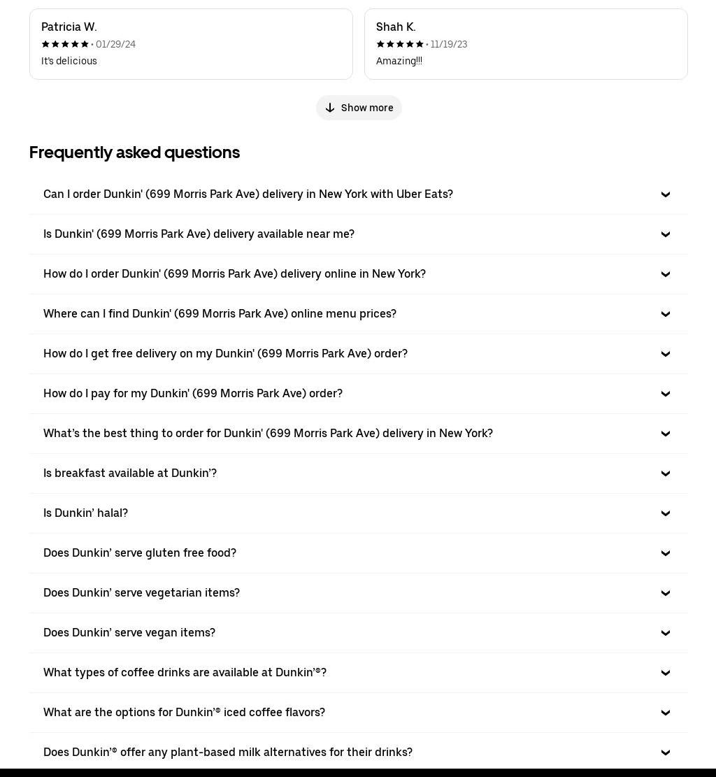 ATM Dunkin Donuts- 699 Morris Park Menu