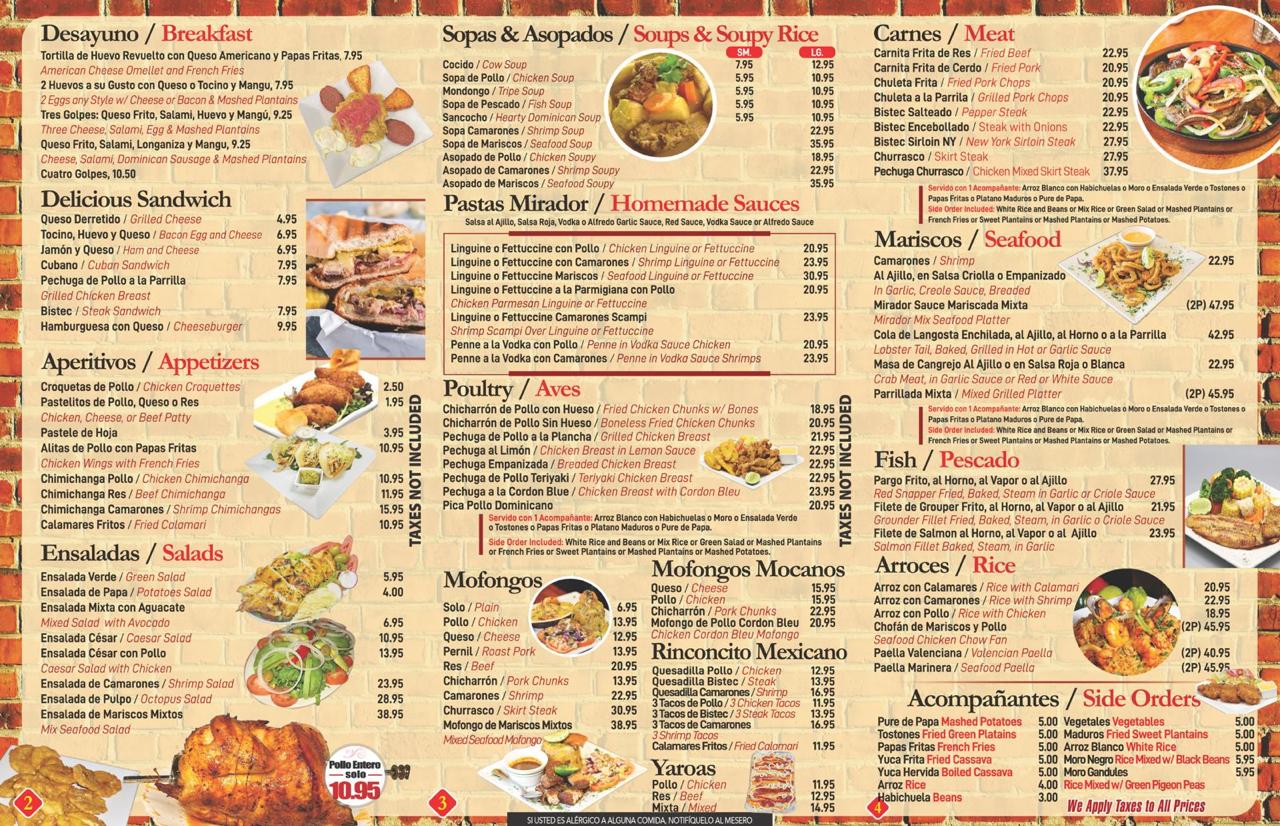 Mirador Restaurant Menu