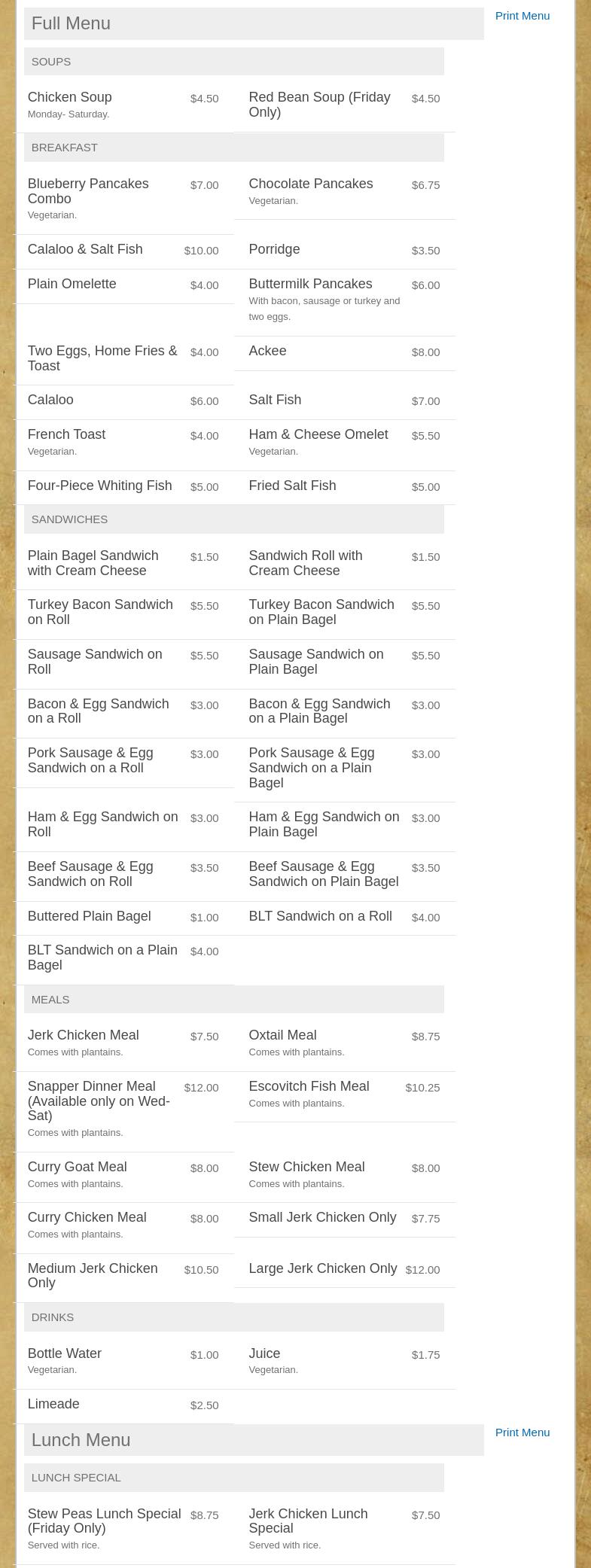 Fisherman's Cove Menu