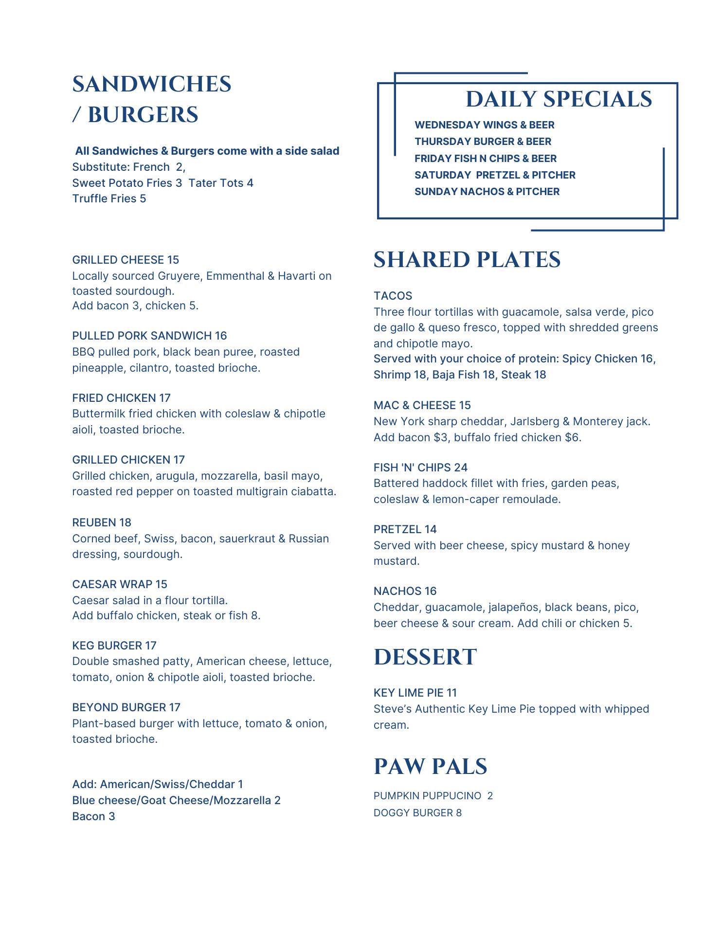 Keg & Lantern Red Hook Menu