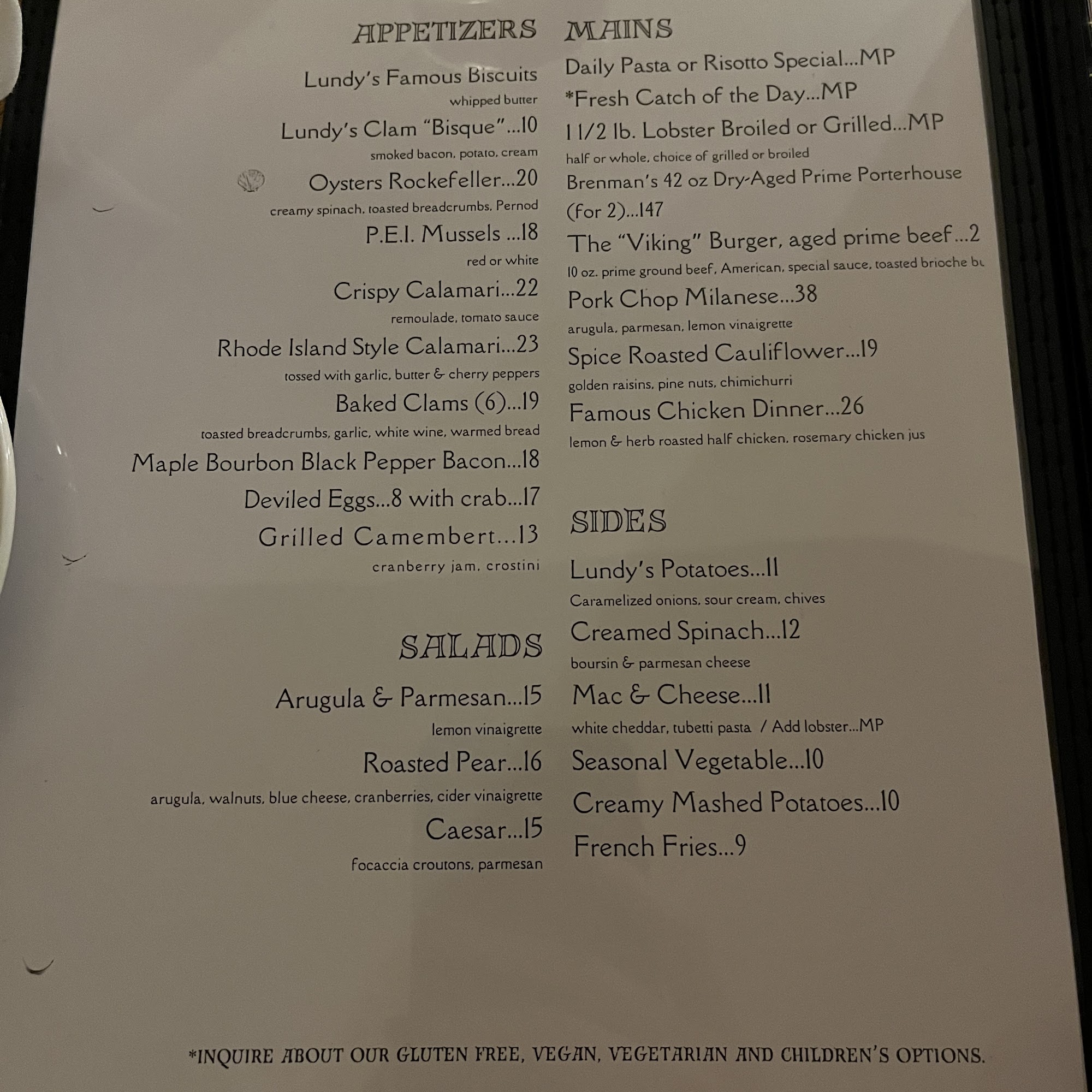 Lundy's of Brooklyn Menu