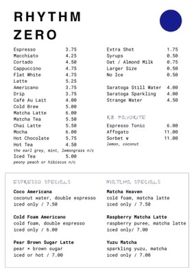 RHYTHM ZERO | WILLIAMSBURG Menu