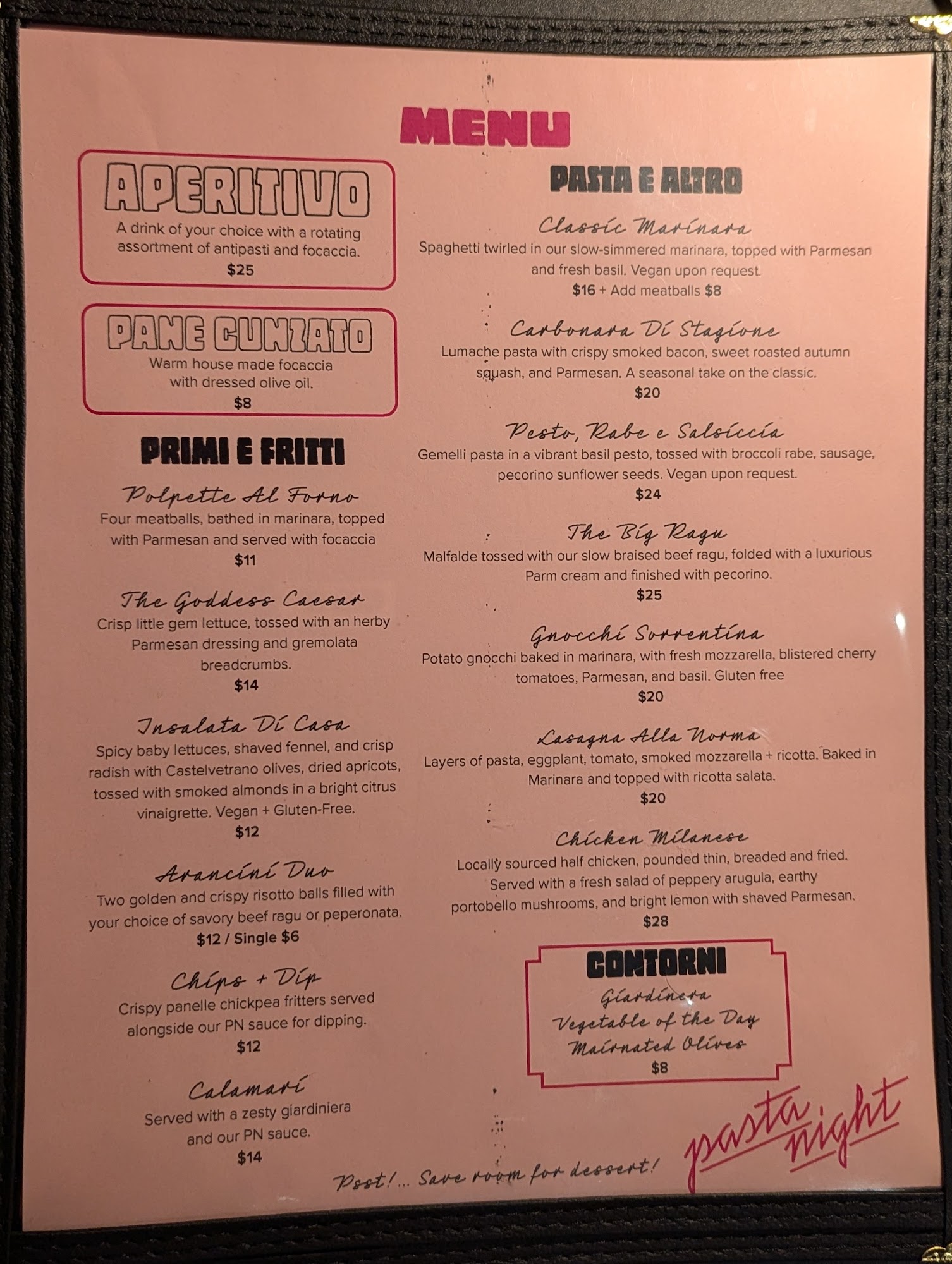 Pasta Night Menu