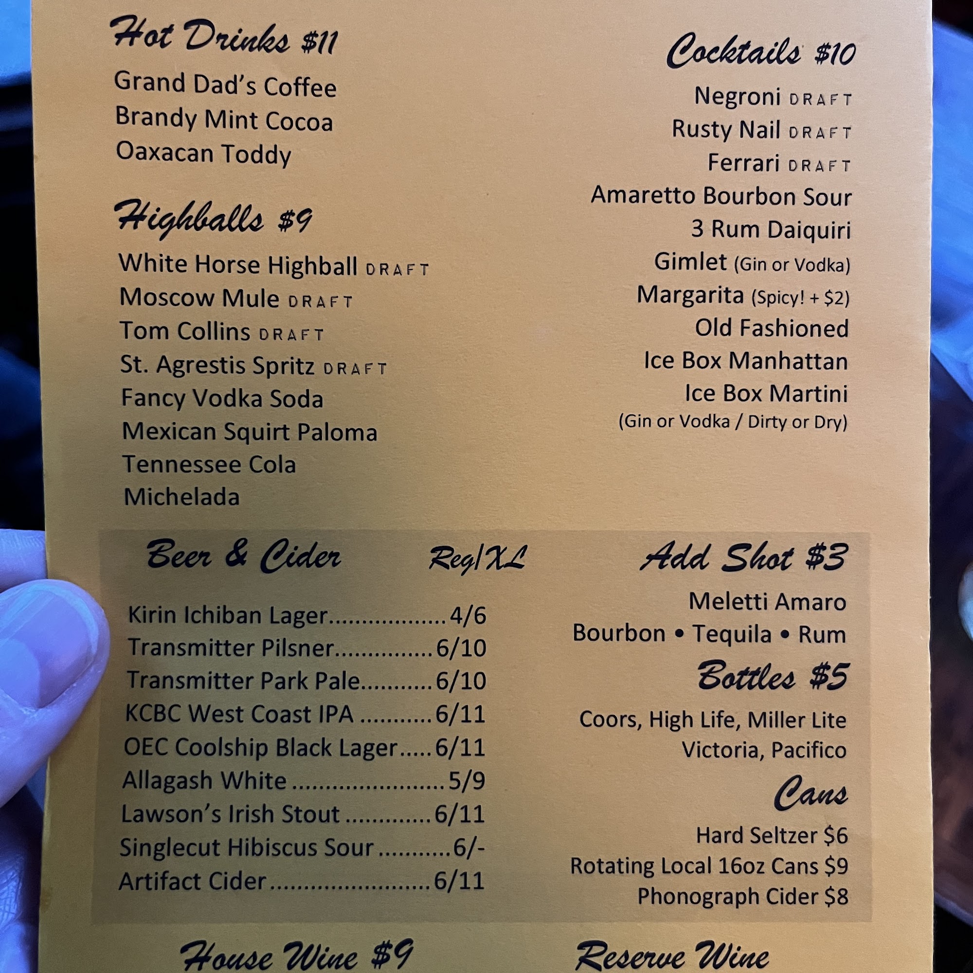H&H Reserve Menu