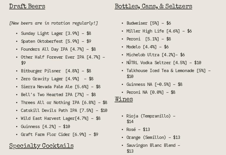 The Bar in Gowanus Menu