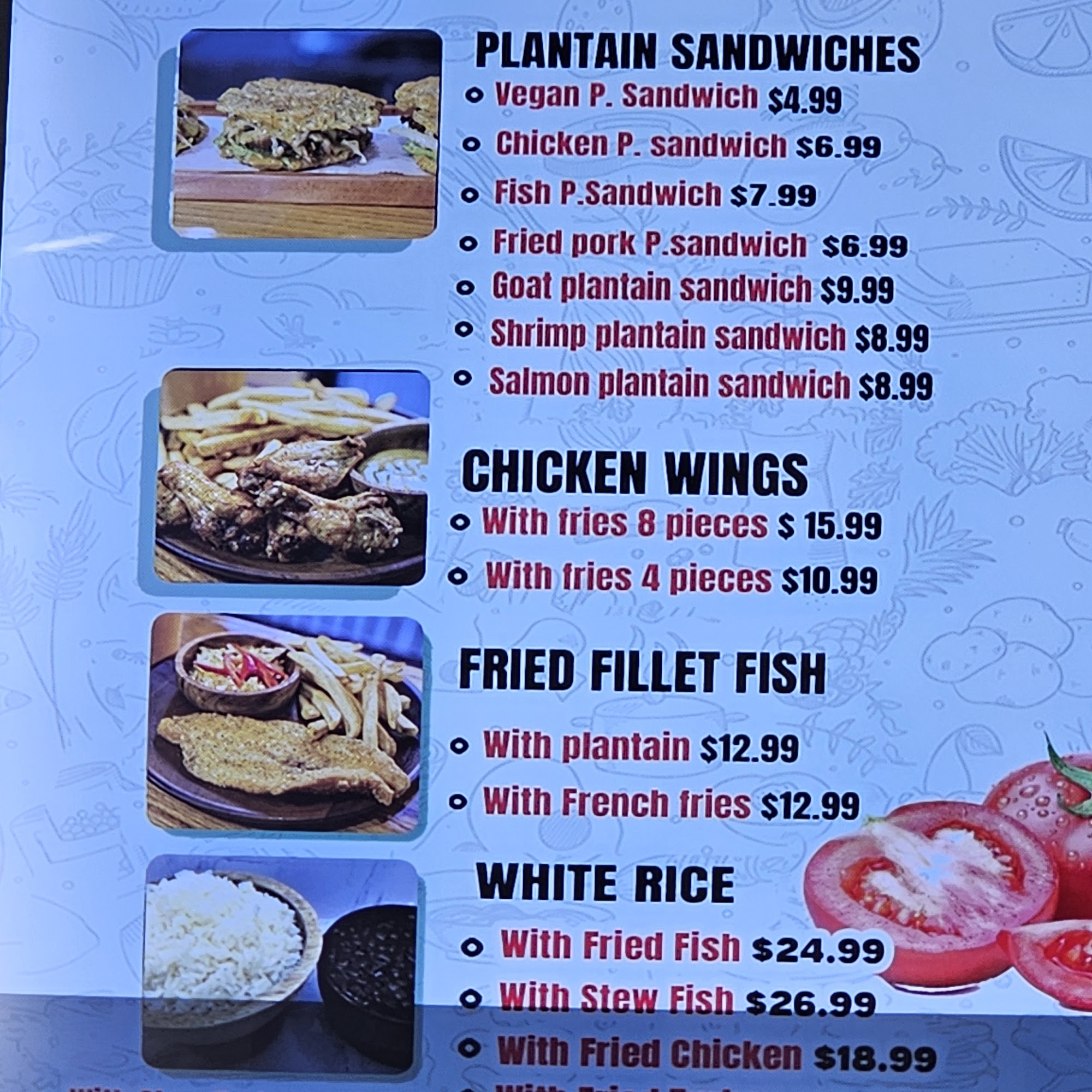 Blueline Fry Plantain Menu
