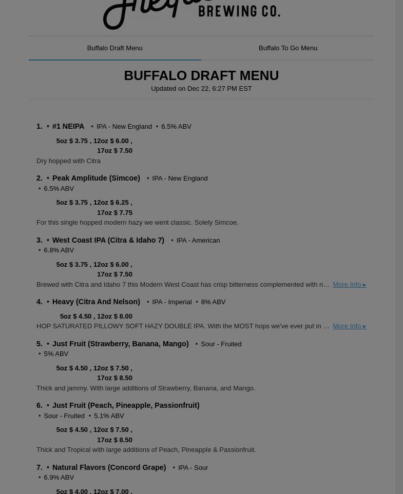 Frequentem Brewing Co. Buffalo Menu