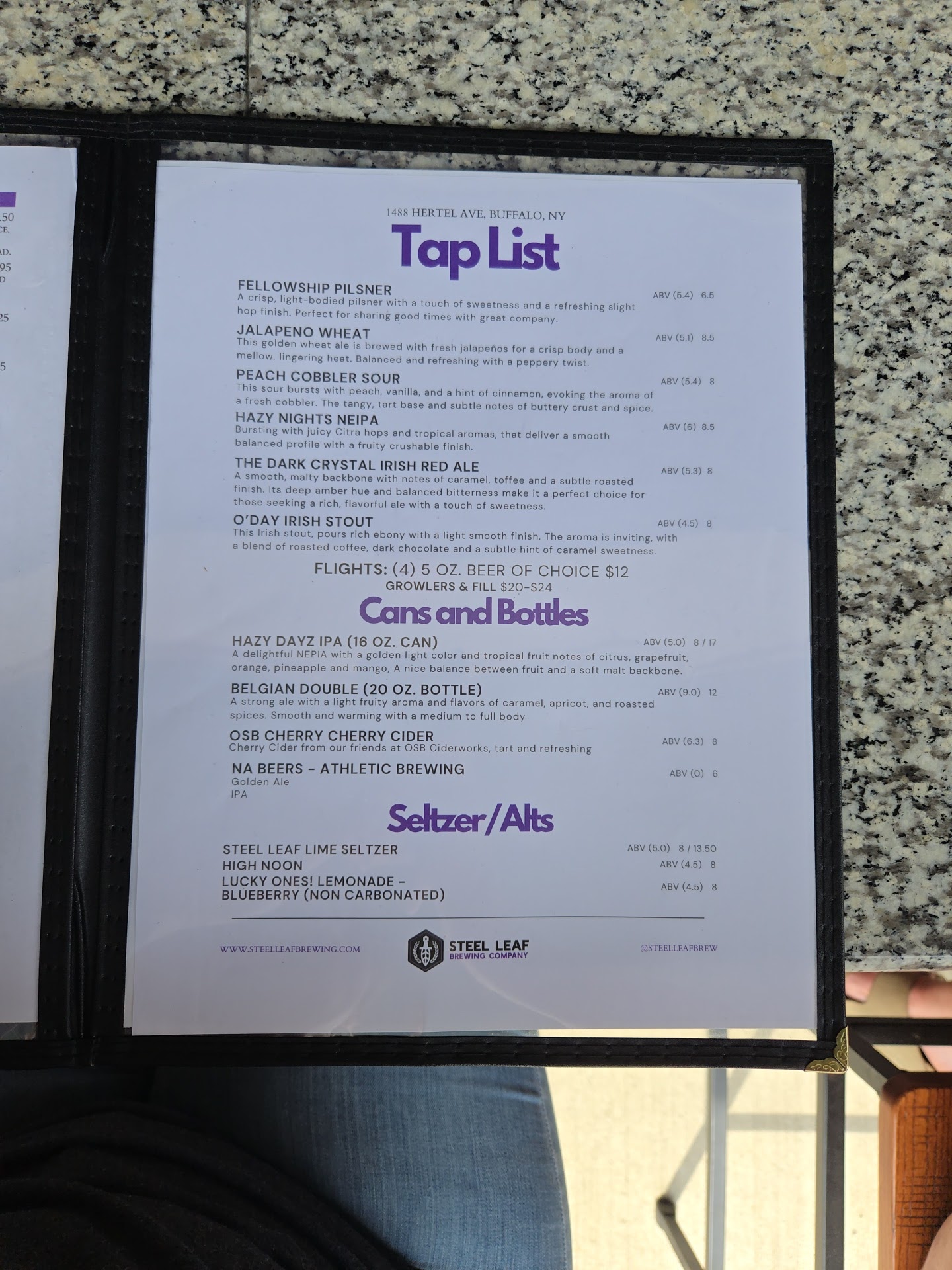 Steel Leaf Brewing Co. Menu