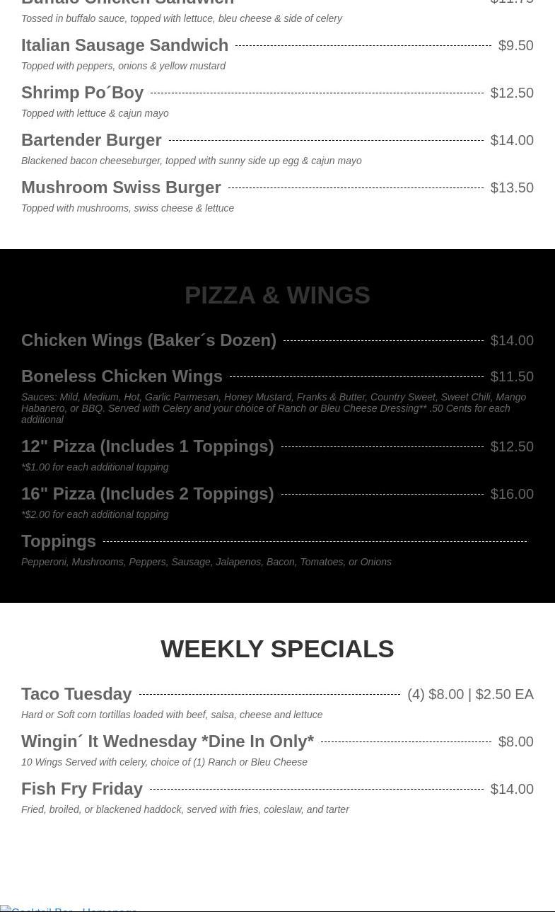 On The Rocks Bar & Grill Menu