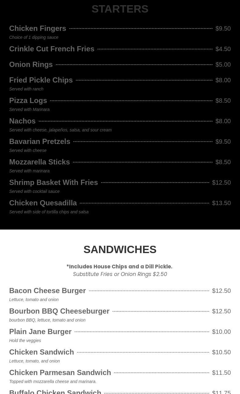 On The Rocks Bar & Grill Menu