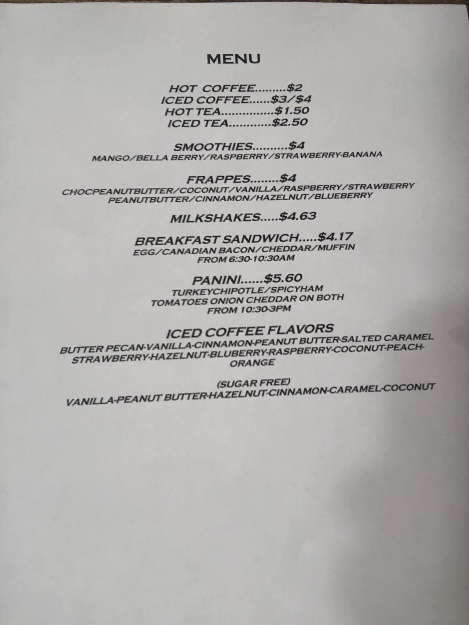 Iroquois House Menu