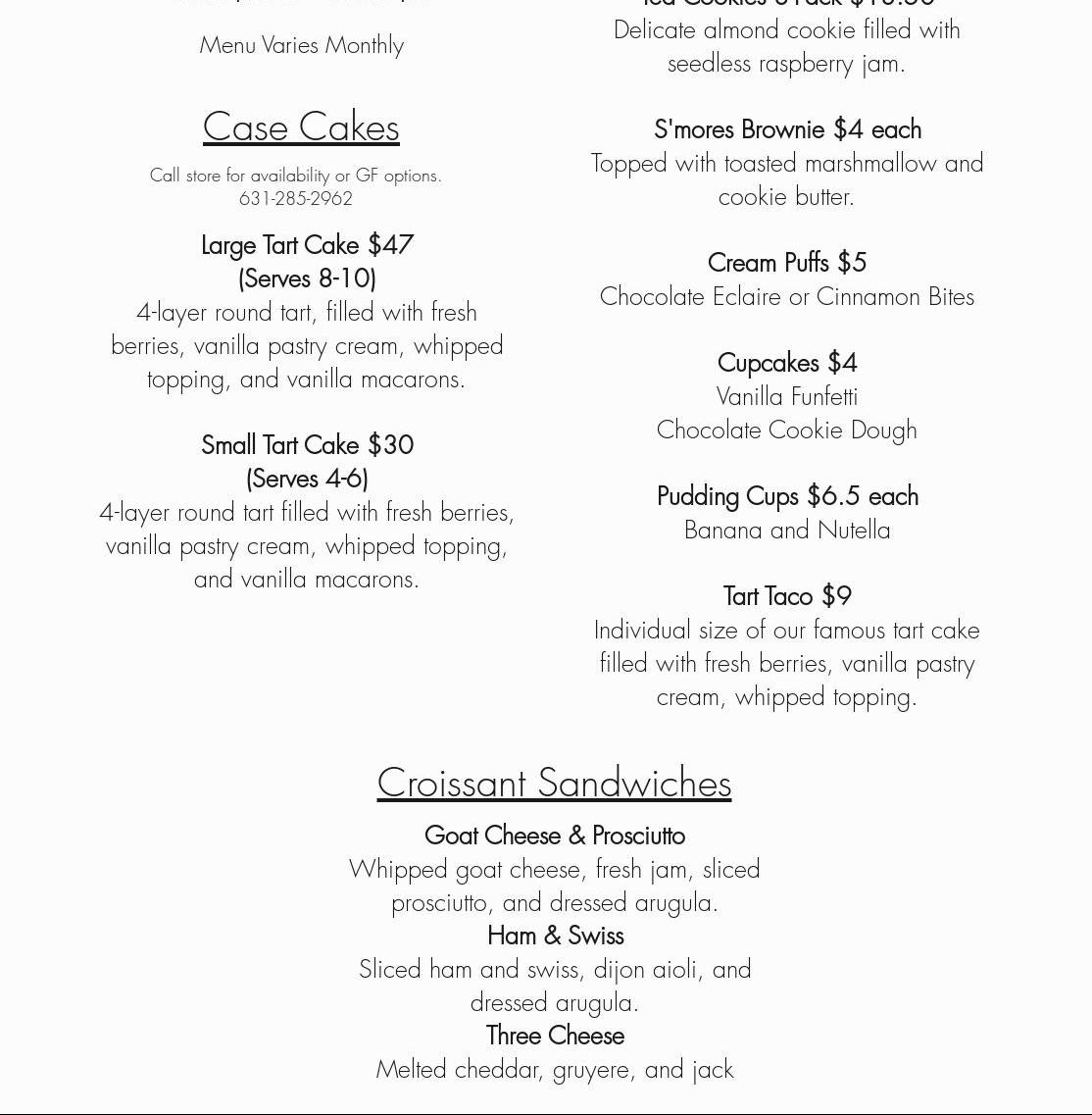 The Cookie Shop Menu