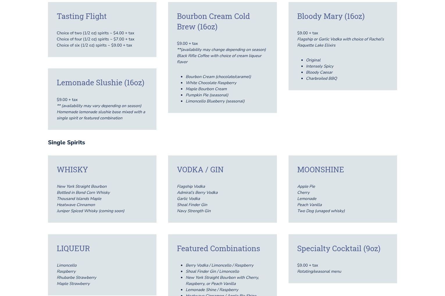 Clayton Distillery Menu