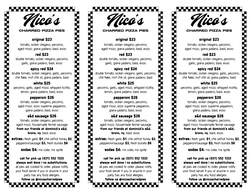 Nico's Charred Pizza Pies Menu