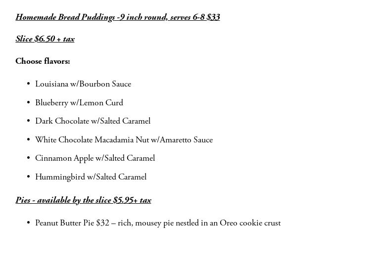 Pam’s Puddings & Pies LLC Menu