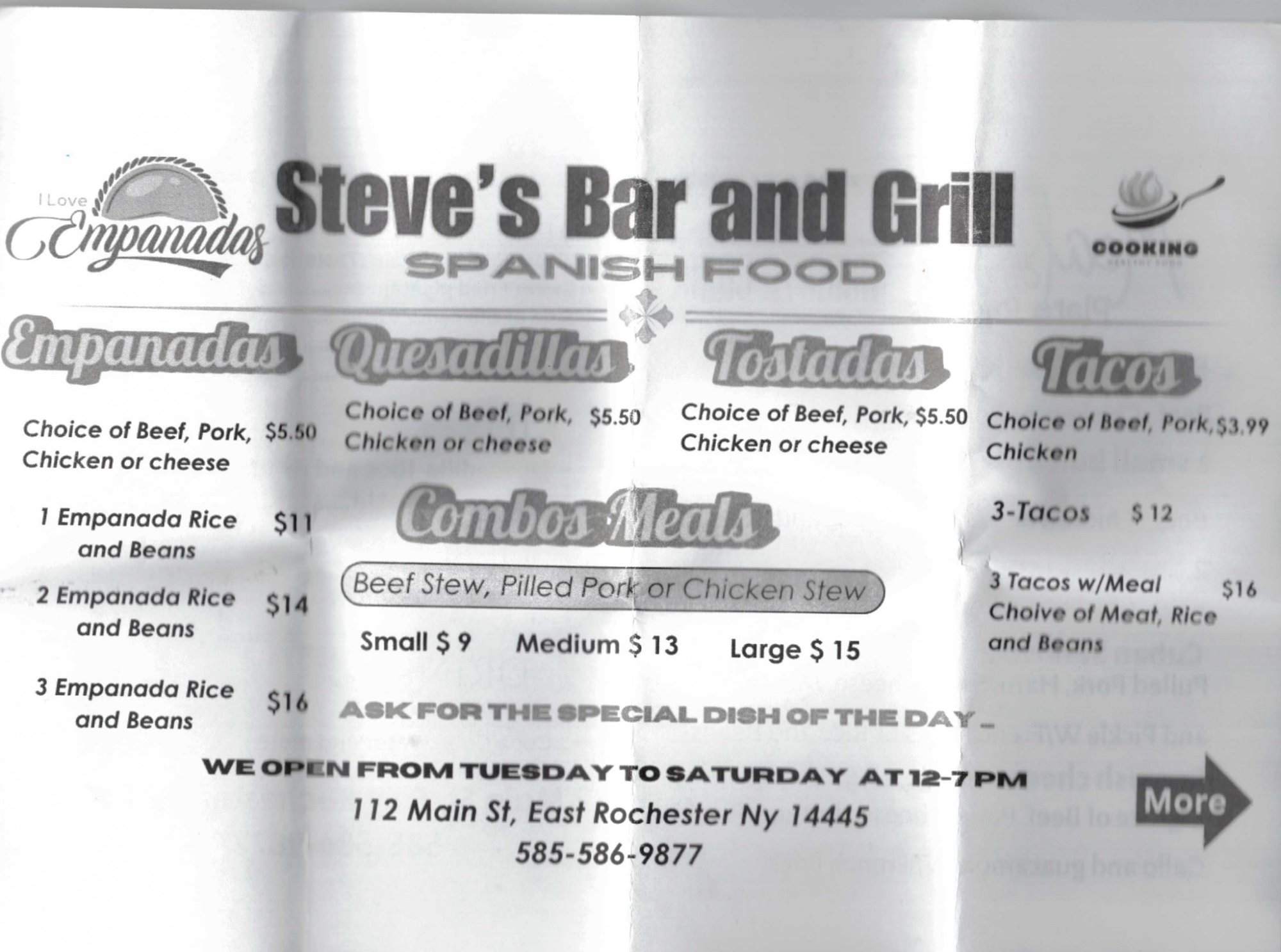 Steves bar and Grill Spanish food Menu