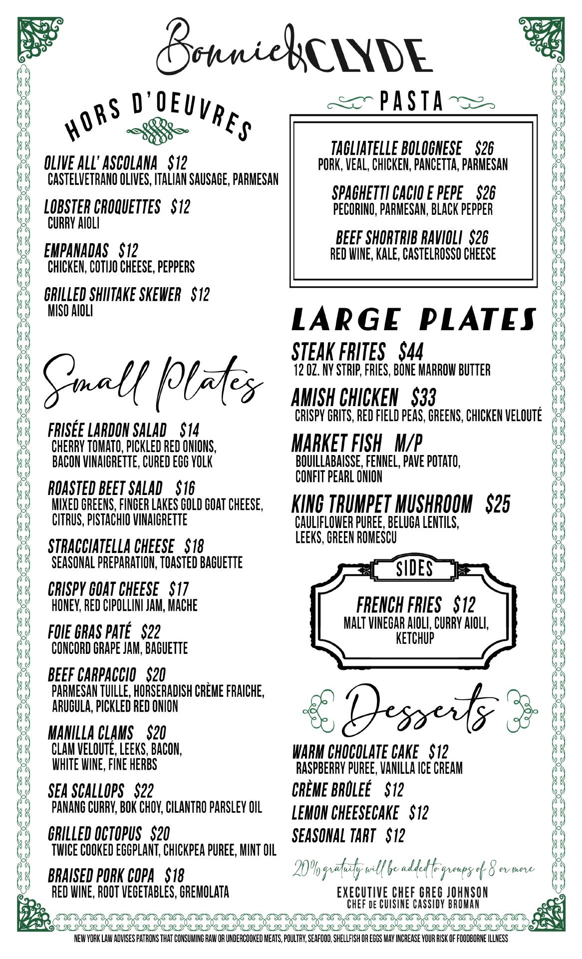 Bonnie & Clyde Menu