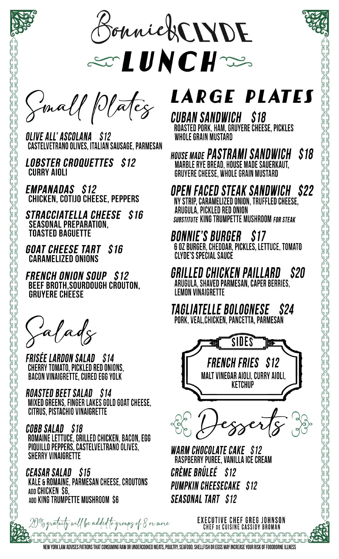 Bonnie & Clyde Menu