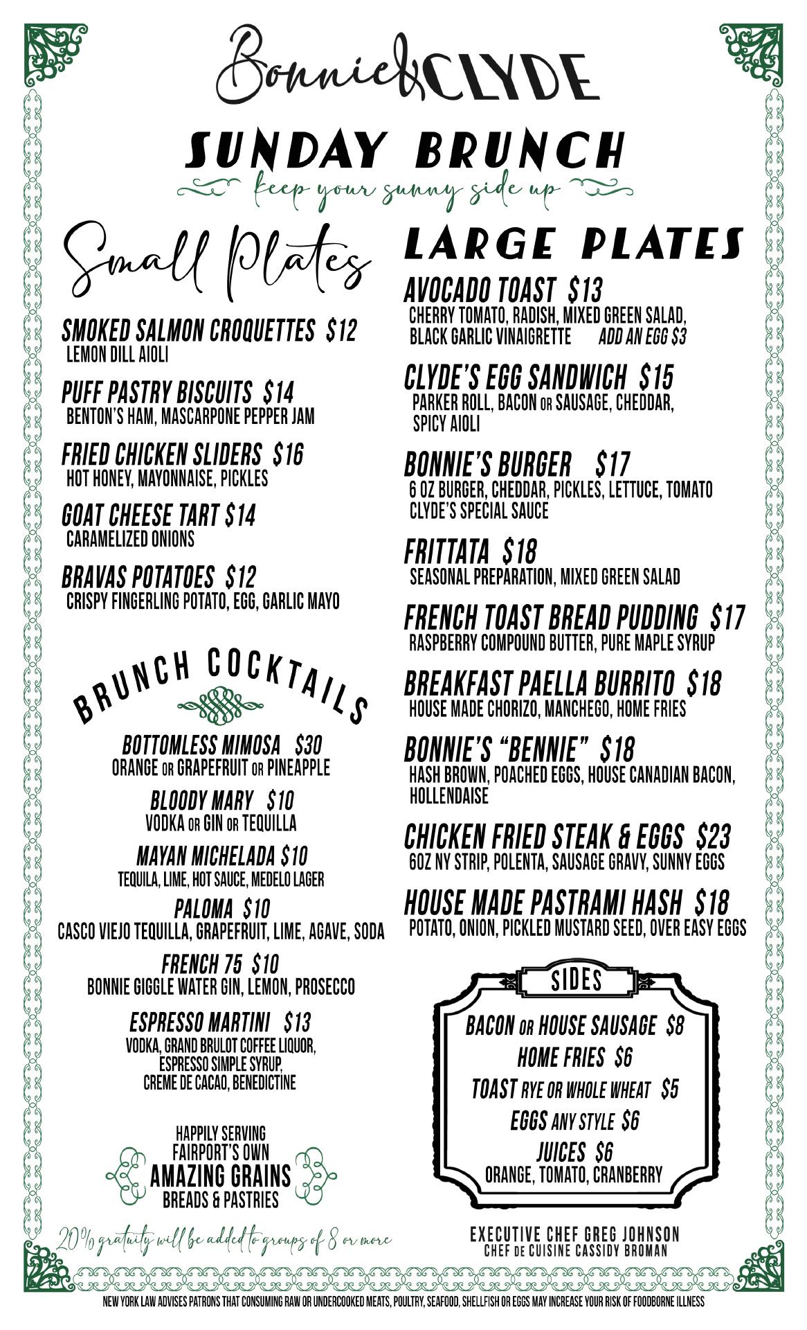 Bonnie & Clyde Menu