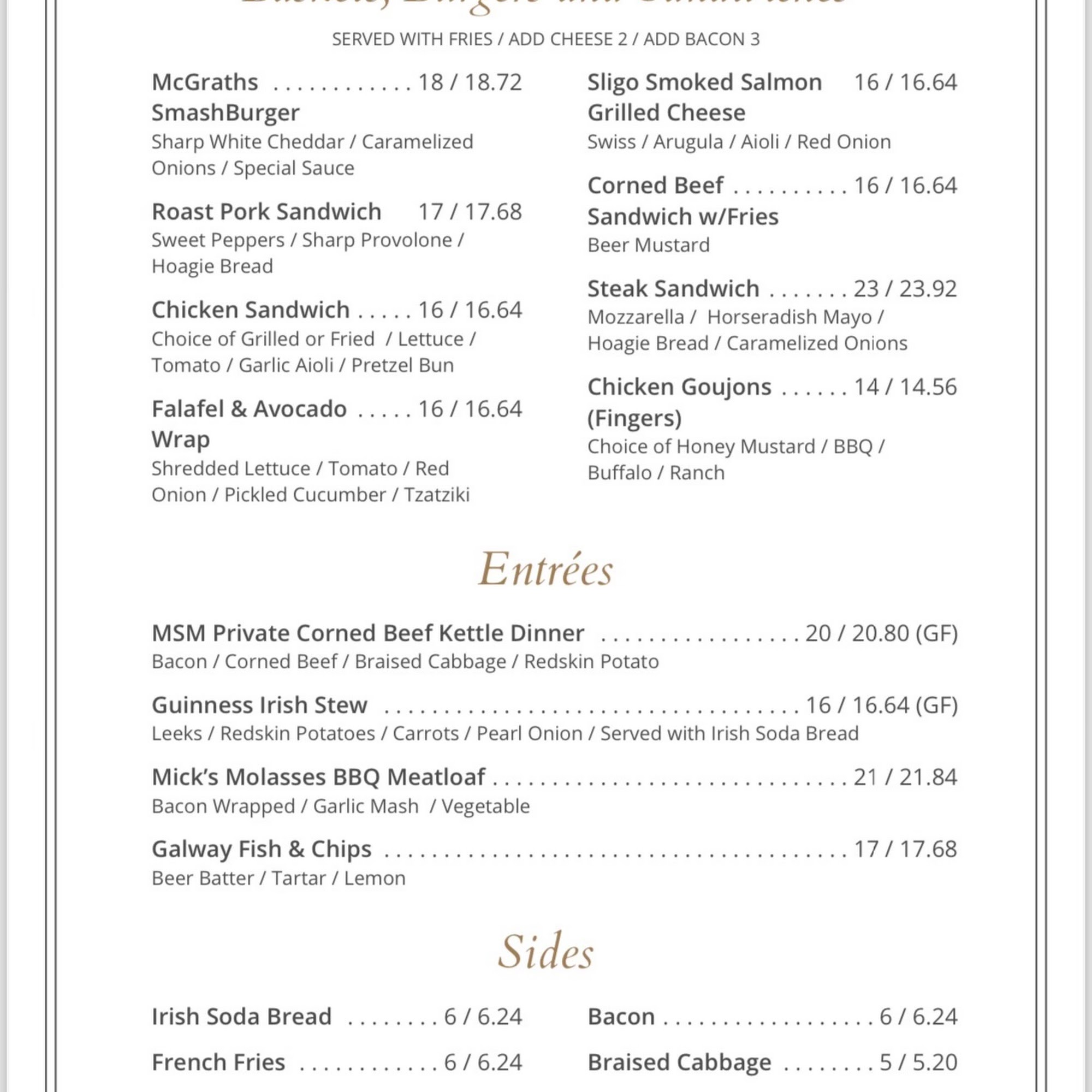 L.I. McGrath’s Menu