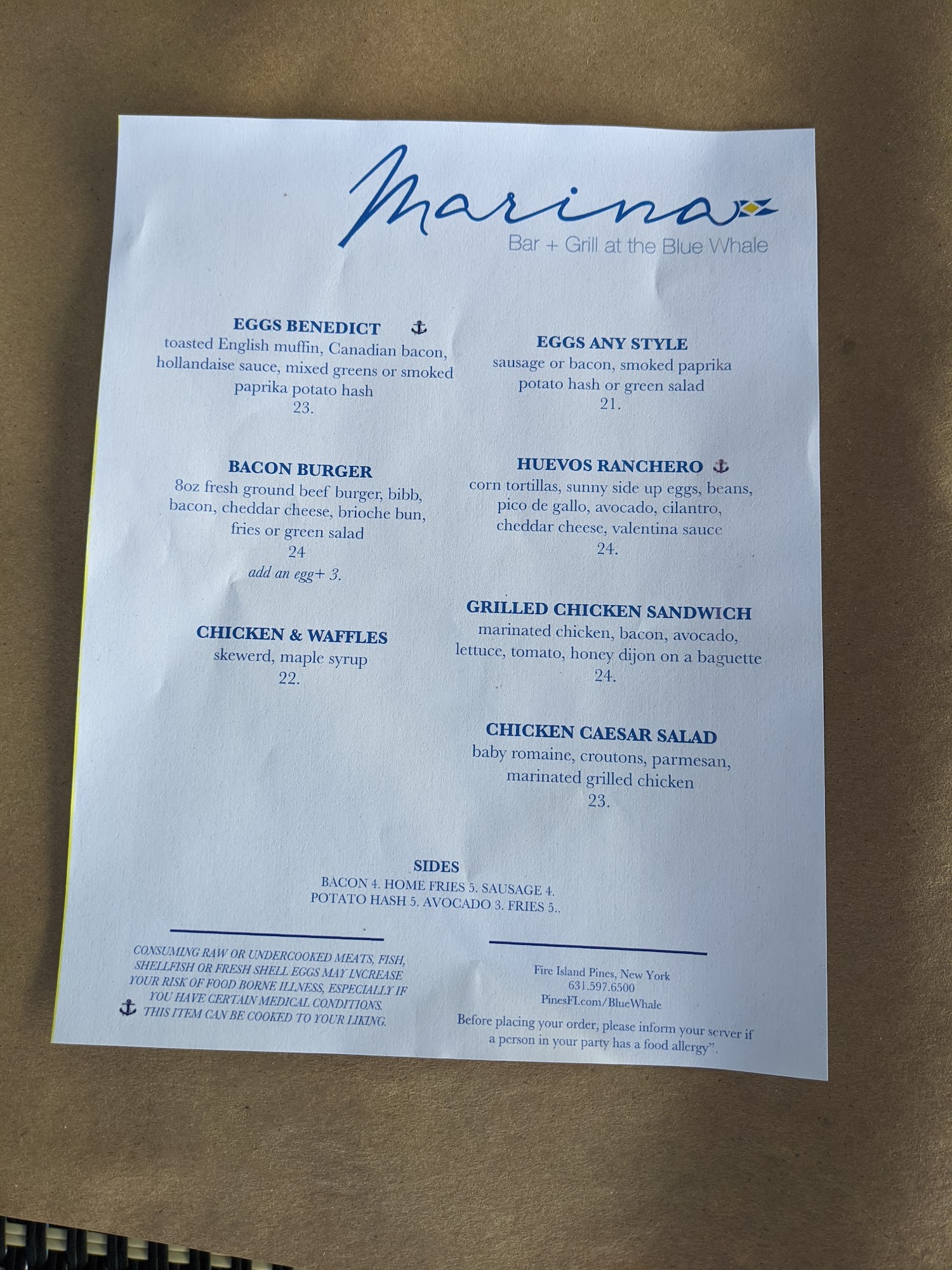 Marina's Bar + Grill Menu