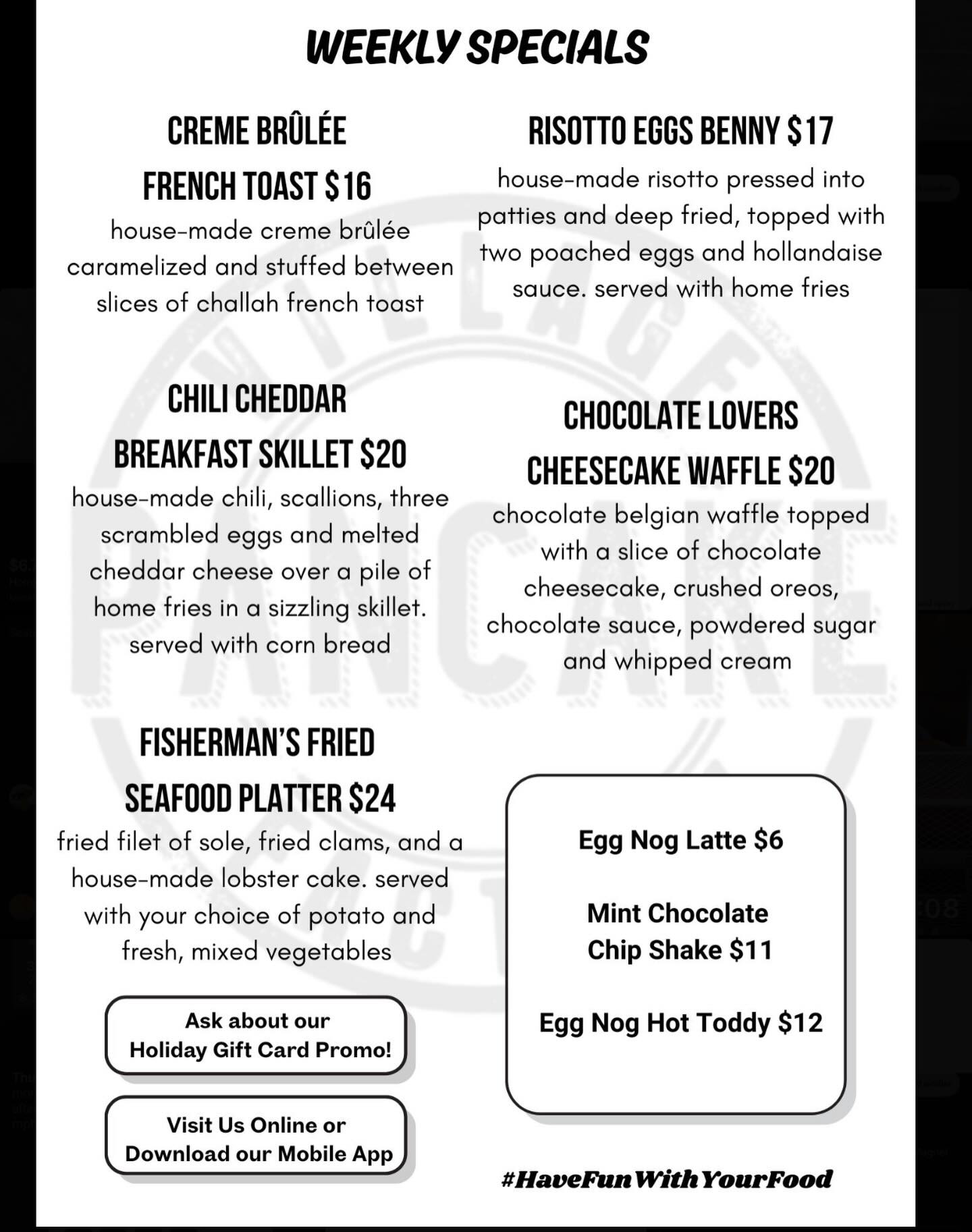 The Village Diner and Pancake Factory Menu