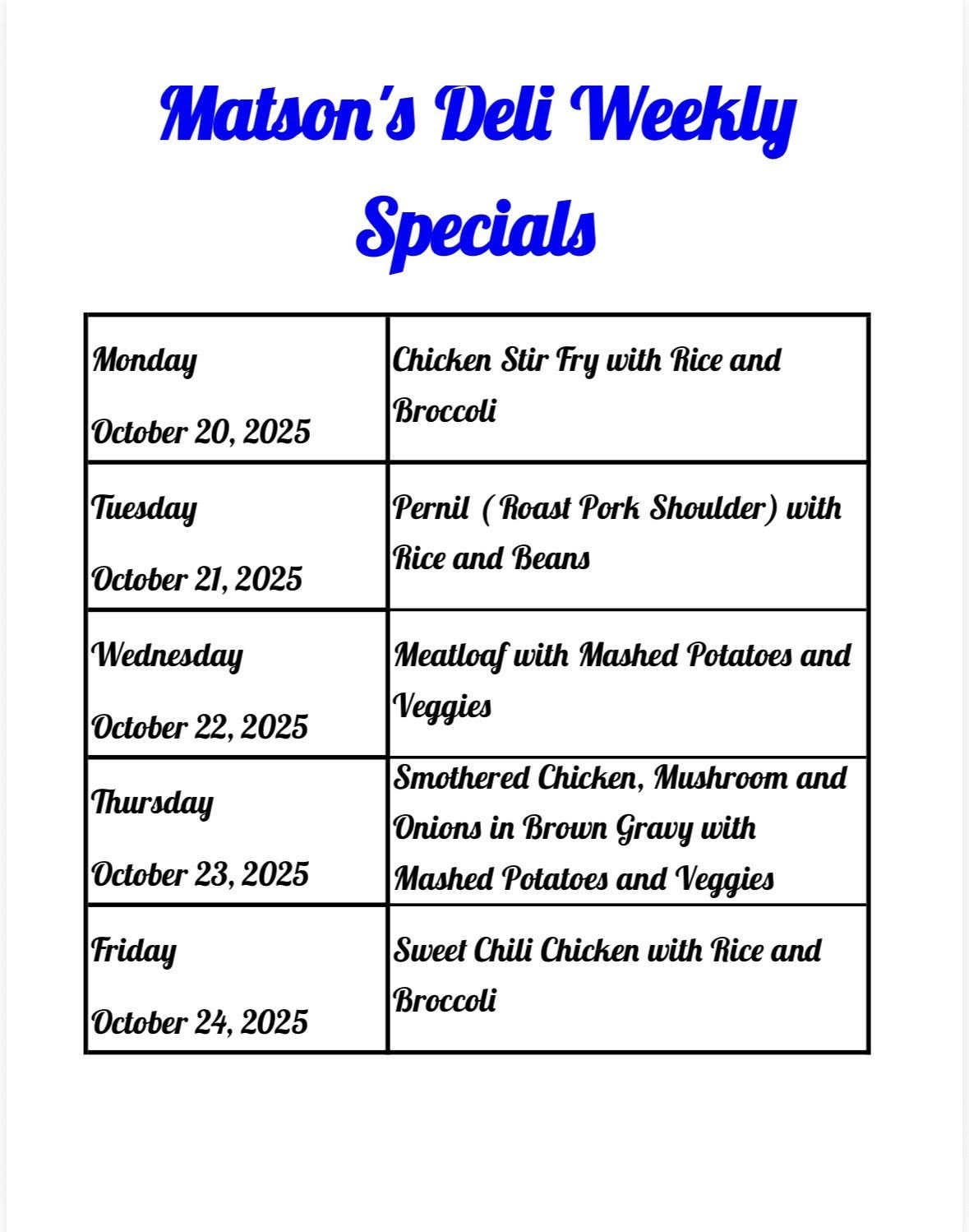 Matsons Deli 2 Inc Menu