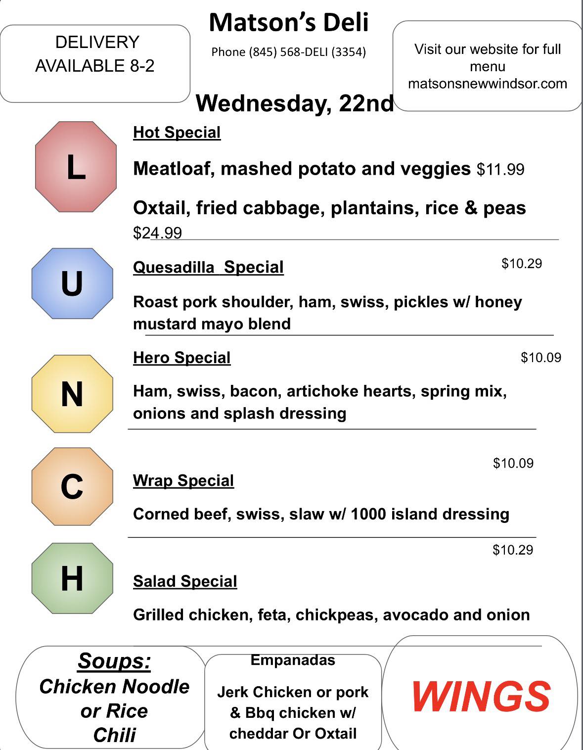 Matsons Deli 2 Inc Menu