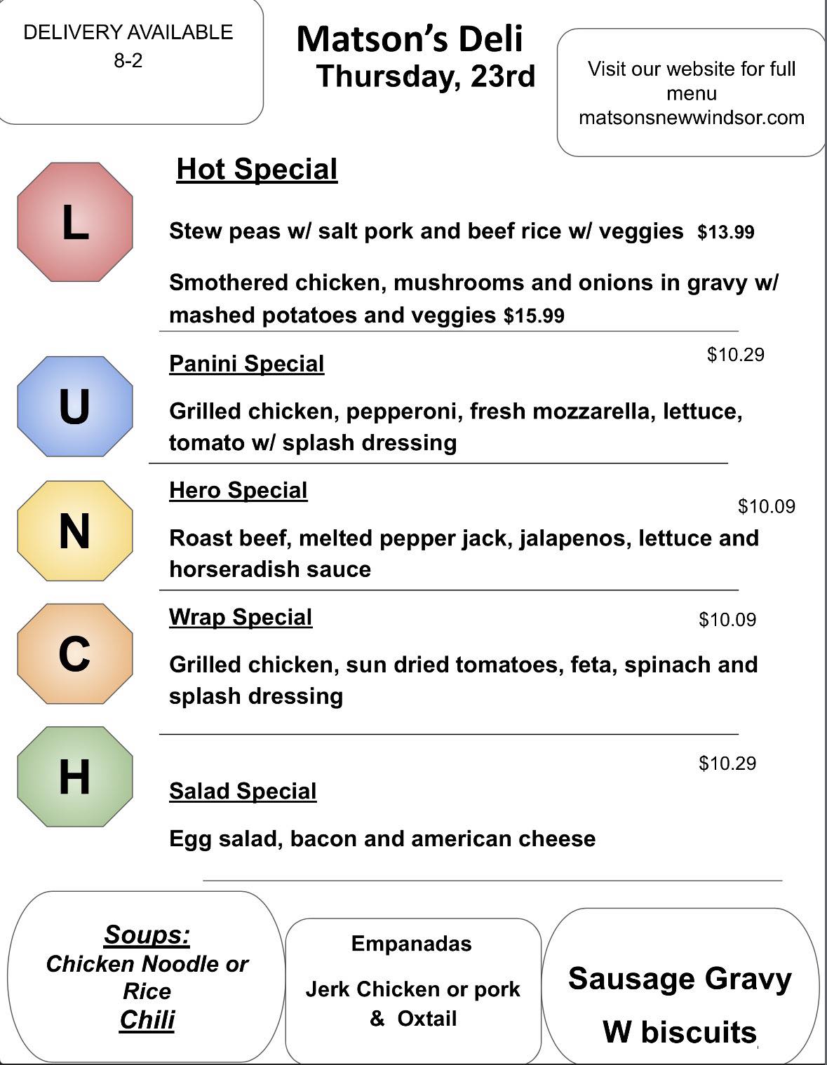 Matsons Deli 2 Inc Menu