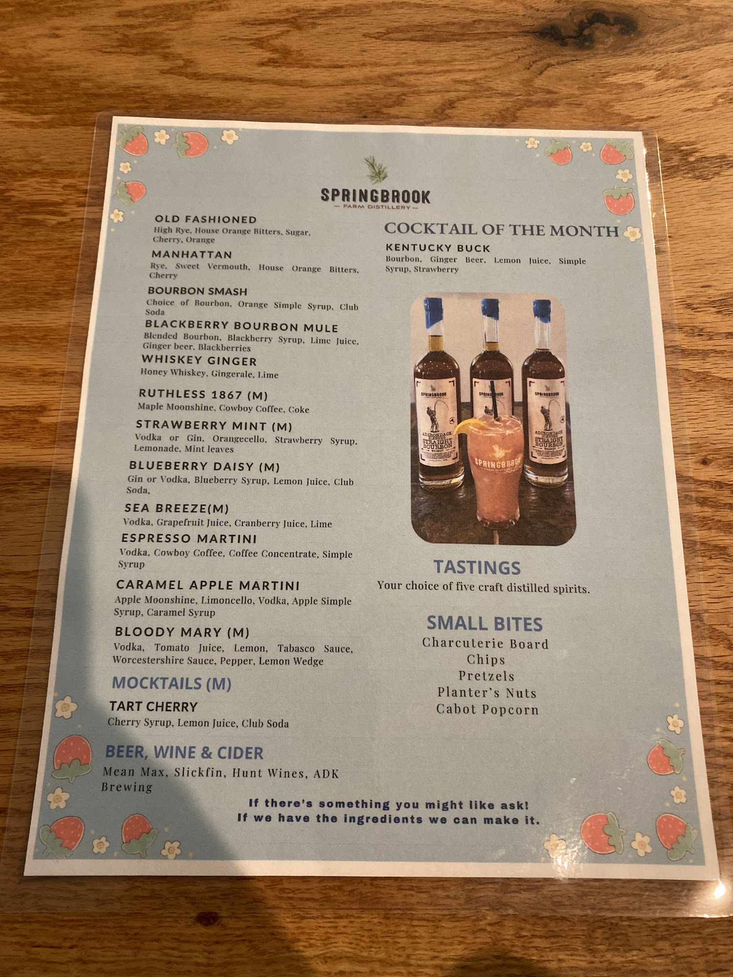 Springbrook Hollow Farm Distillery Menu
