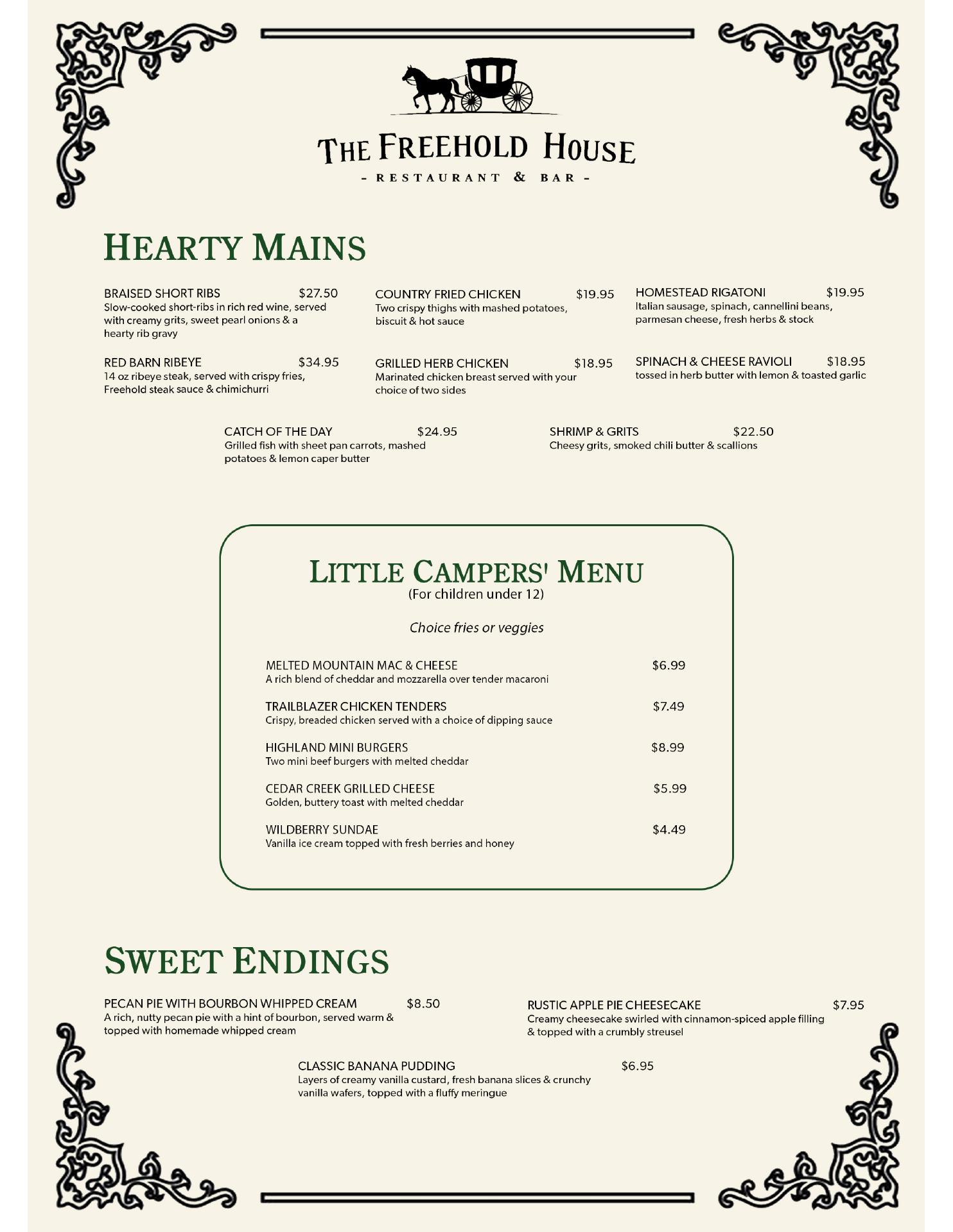 The Freehold House Menu