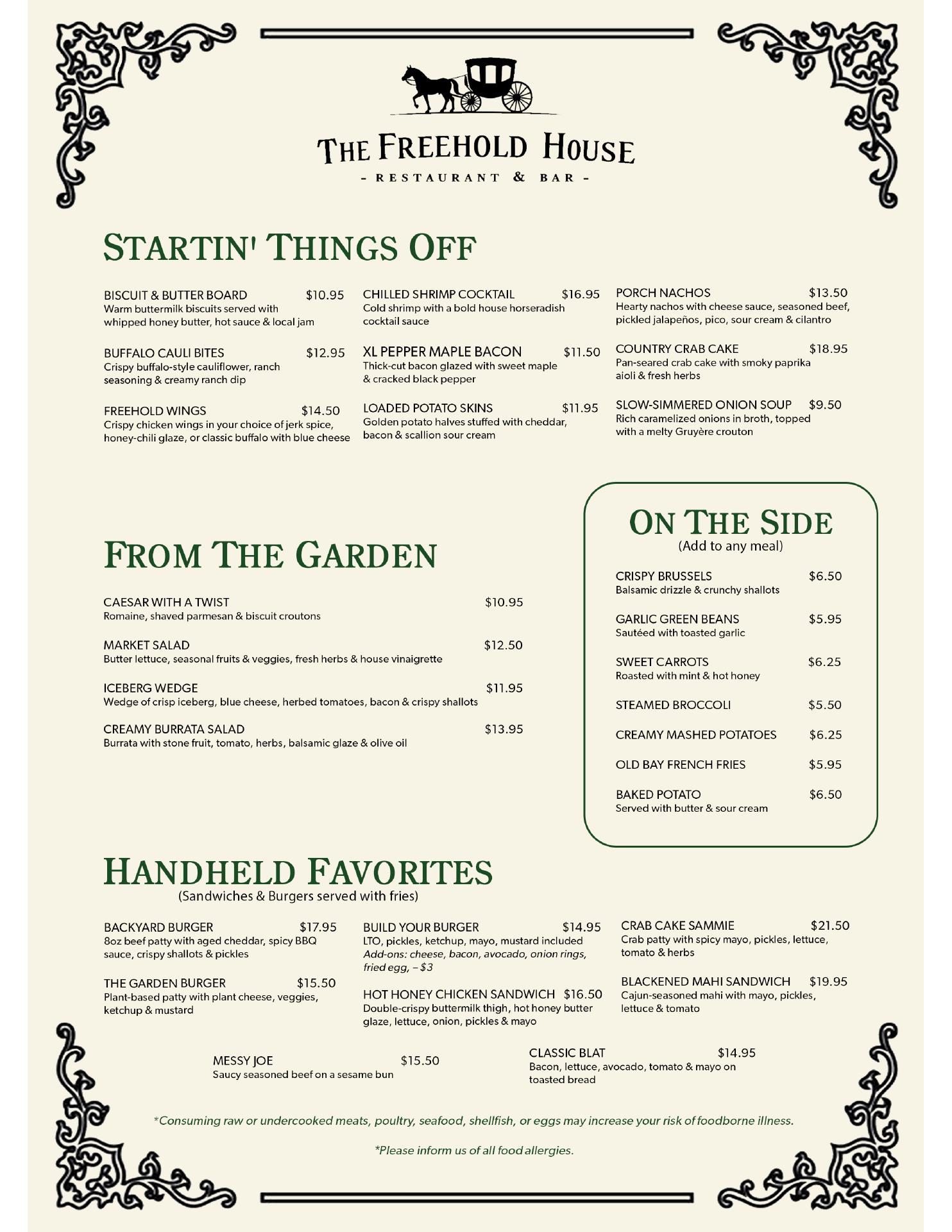 The Freehold House Menu