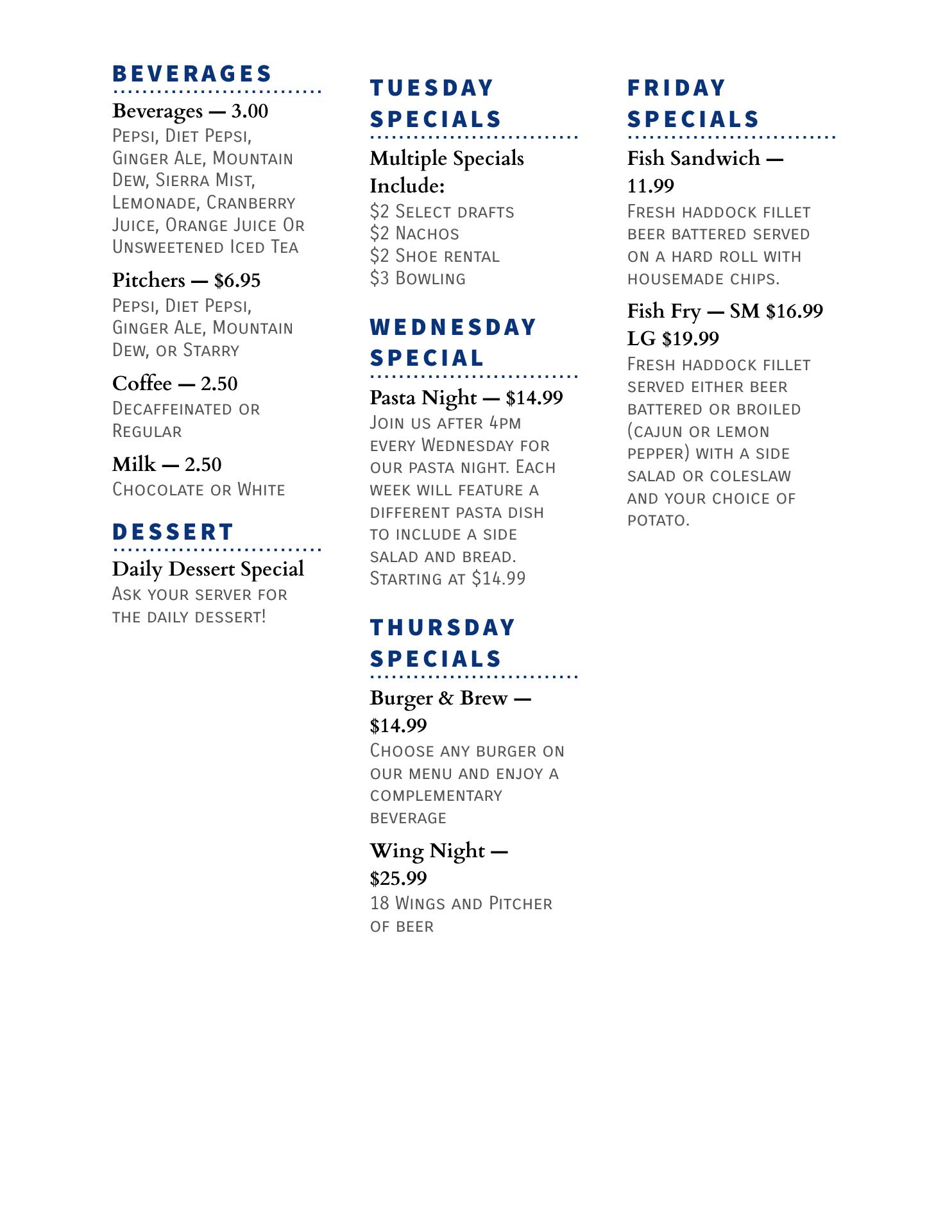 Livingston Lanes & Pub Menu