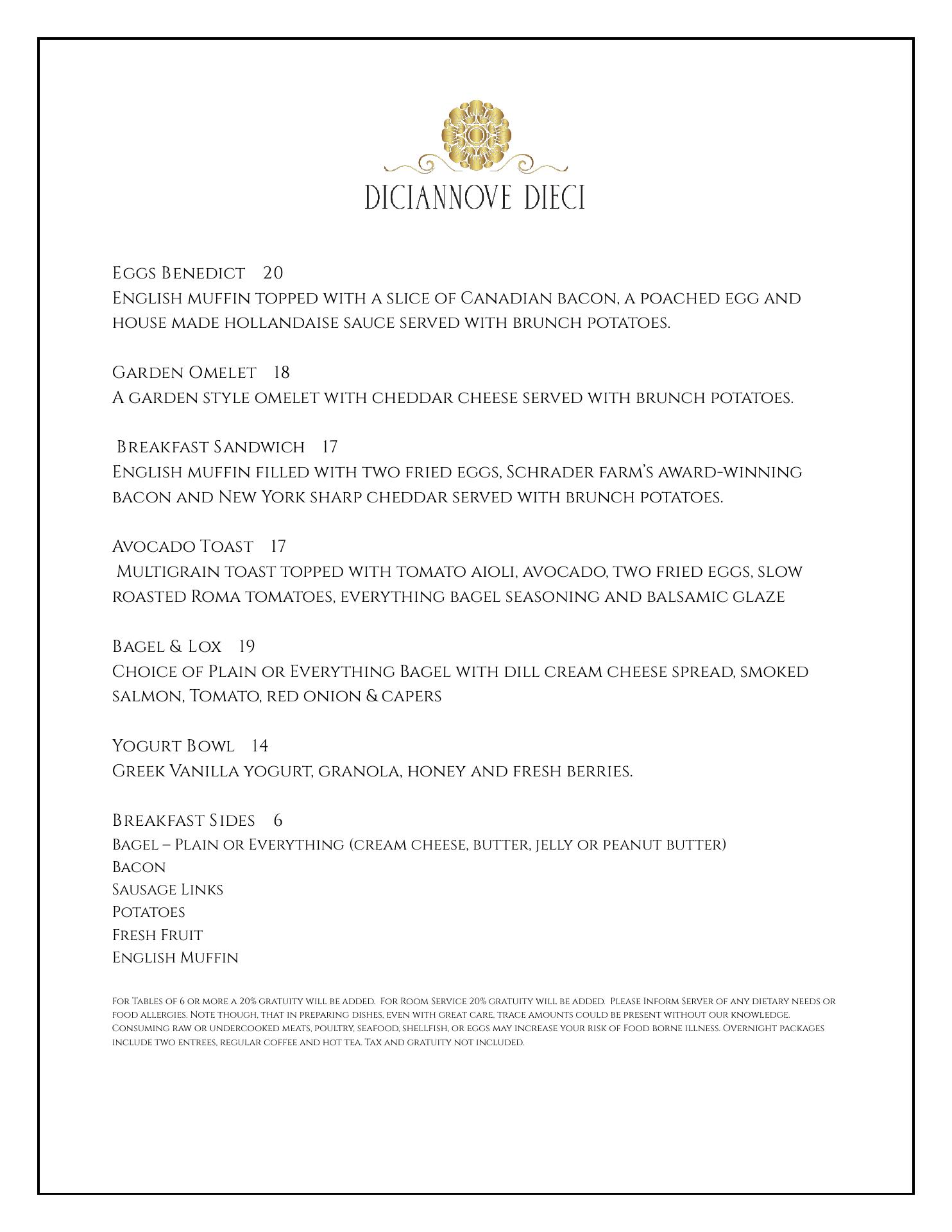 Diciannove Dieci (1910) Menu