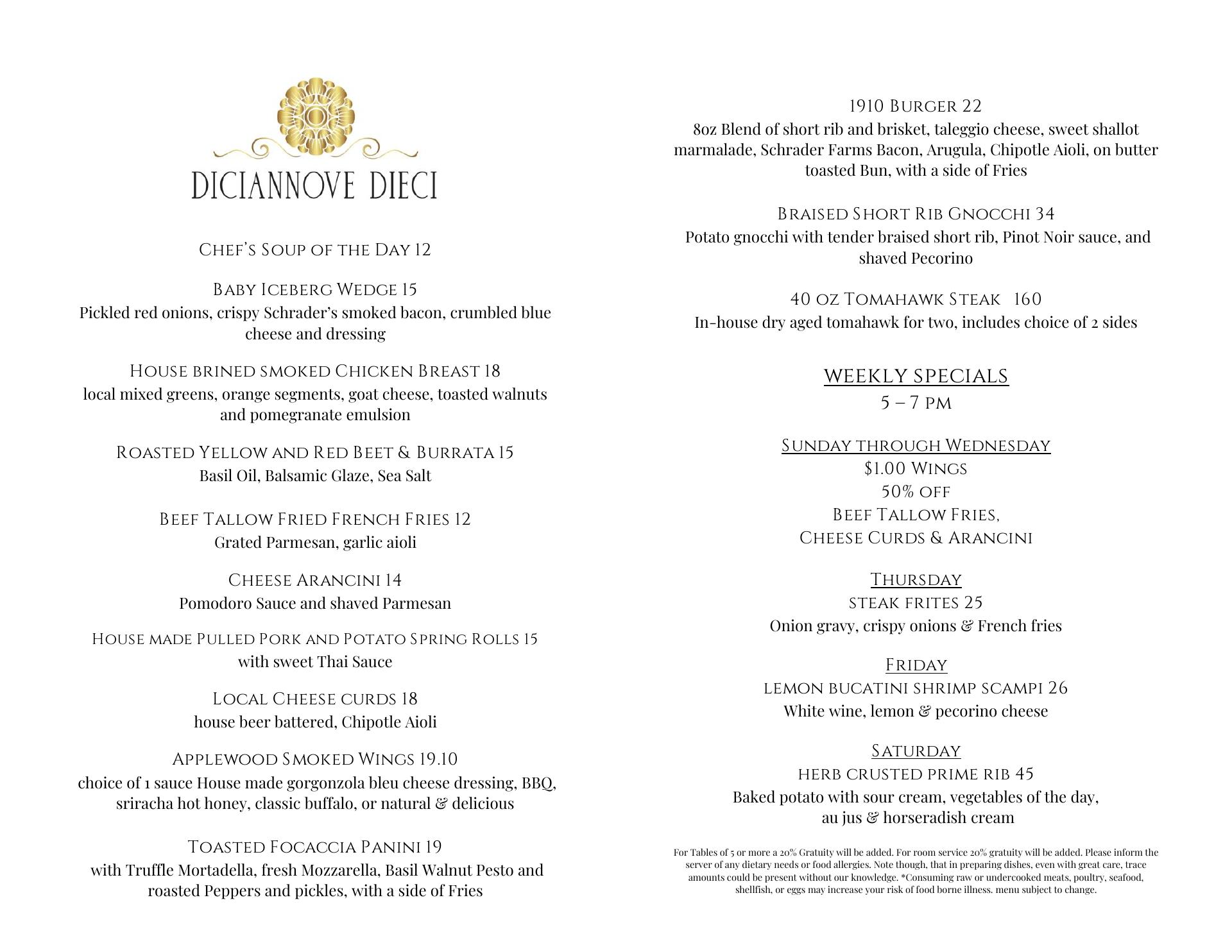 Diciannove Dieci (1910) Menu