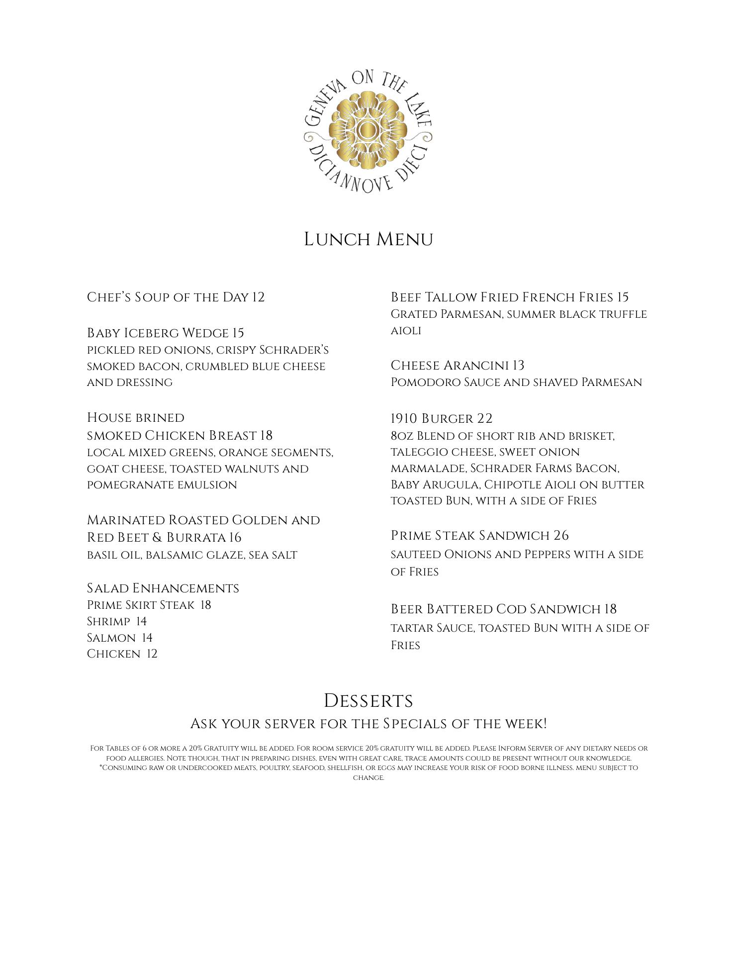 Diciannove Dieci (1910) Menu