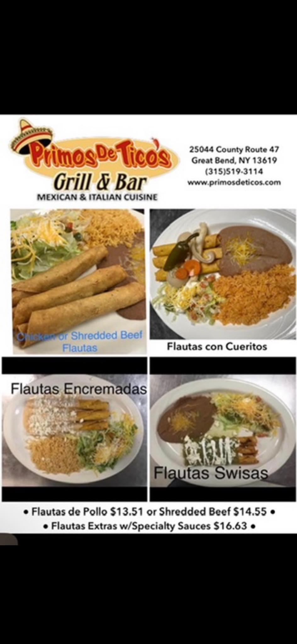 Primo's De Tico's Menu