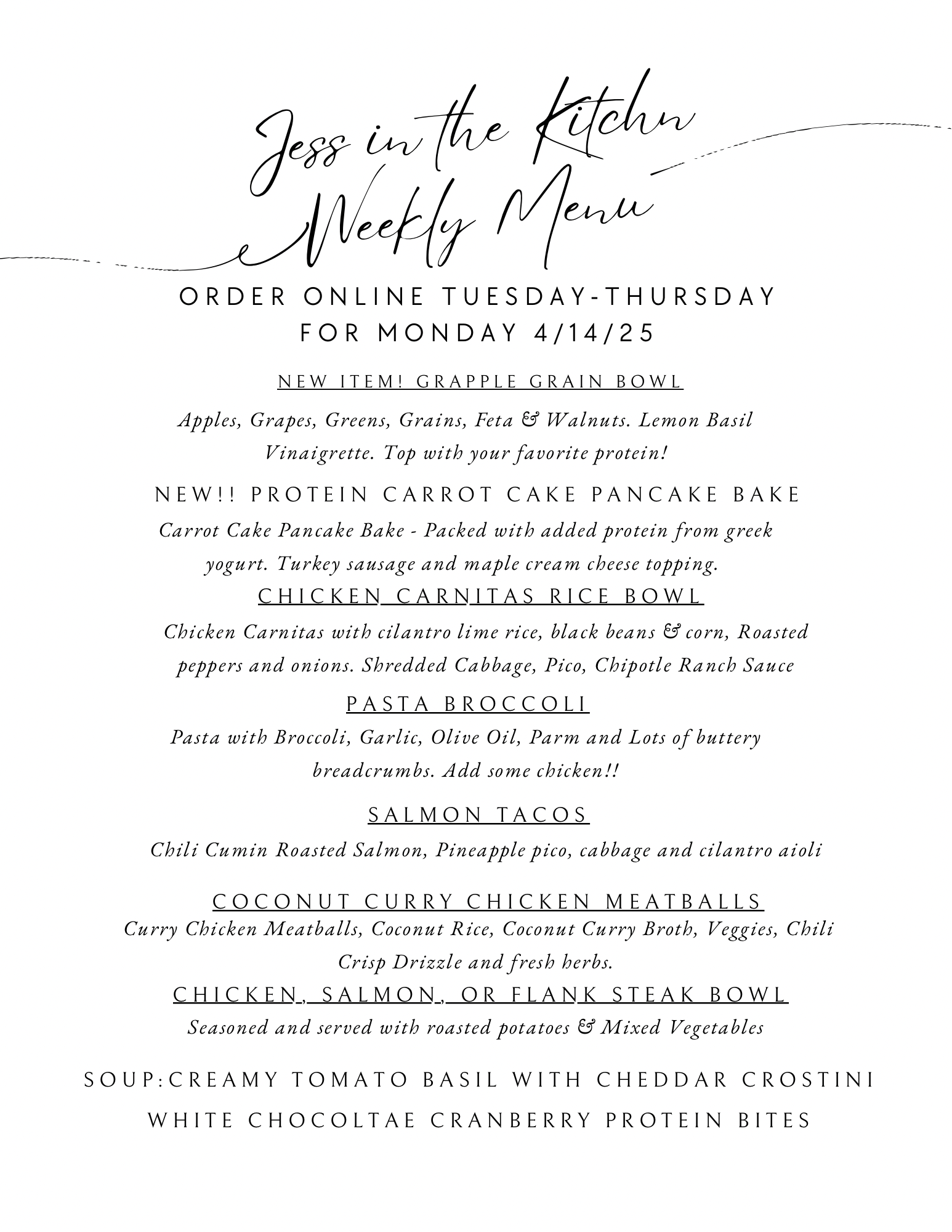 Jess in the Kitchn Menu