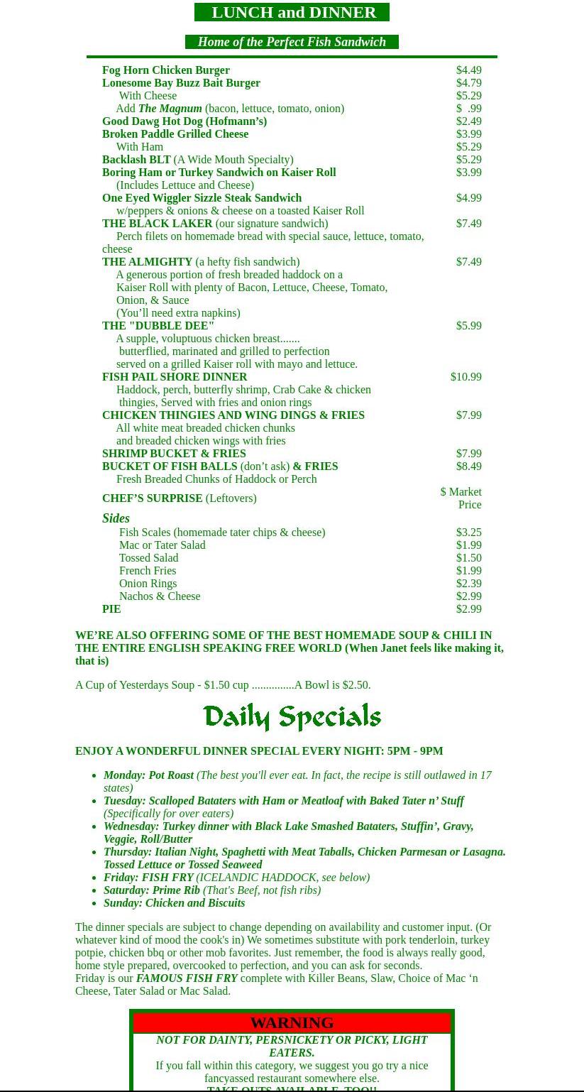 Mclear's Fishbone Cafe Menu