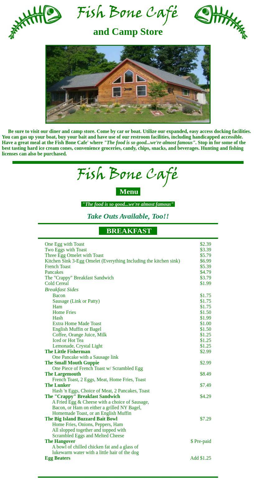 Mclear's Fishbone Cafe Menu