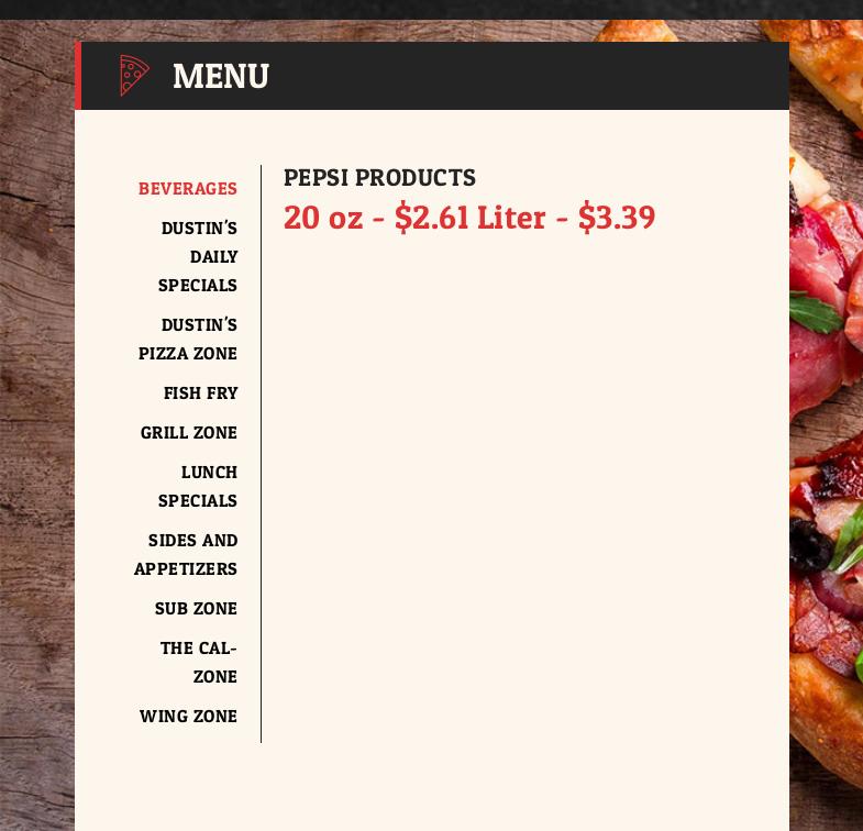 Dustin's Pizzeria Menu