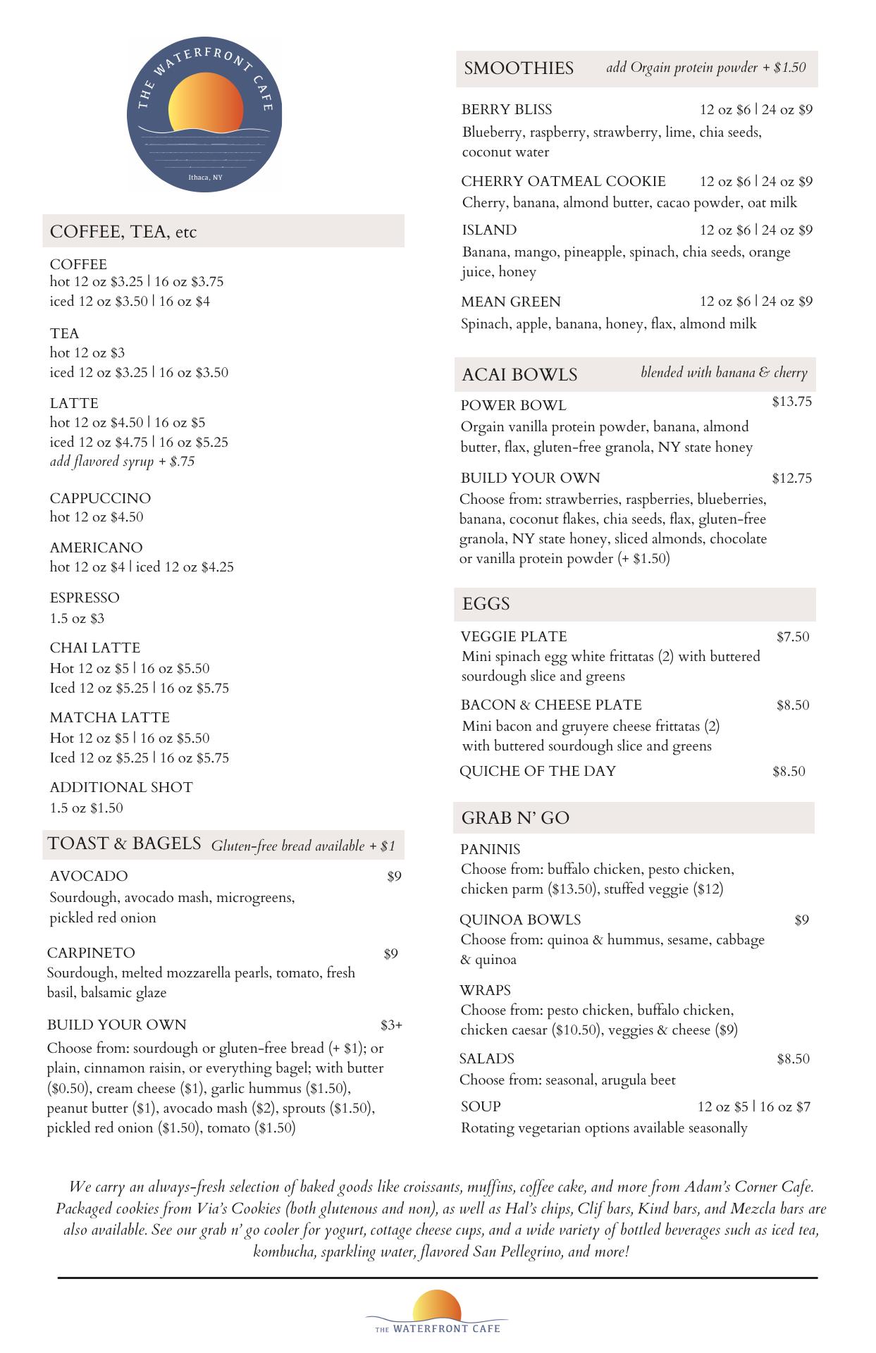 The Waterfront Cafe Menu