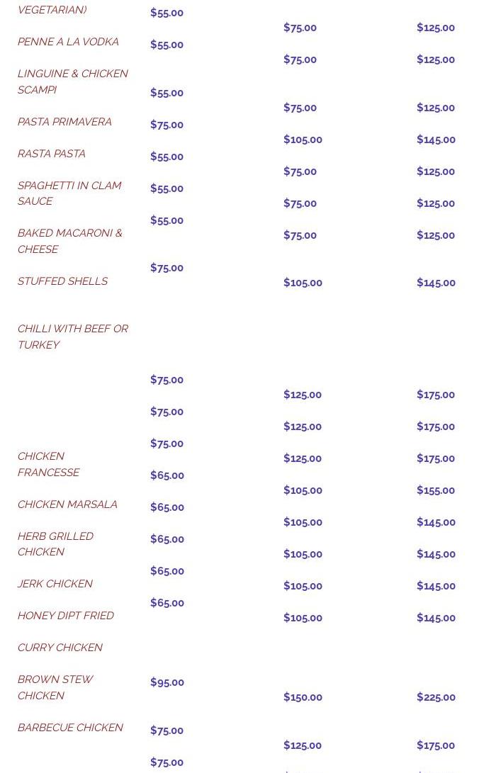 Chef's Orchid Catering Menu