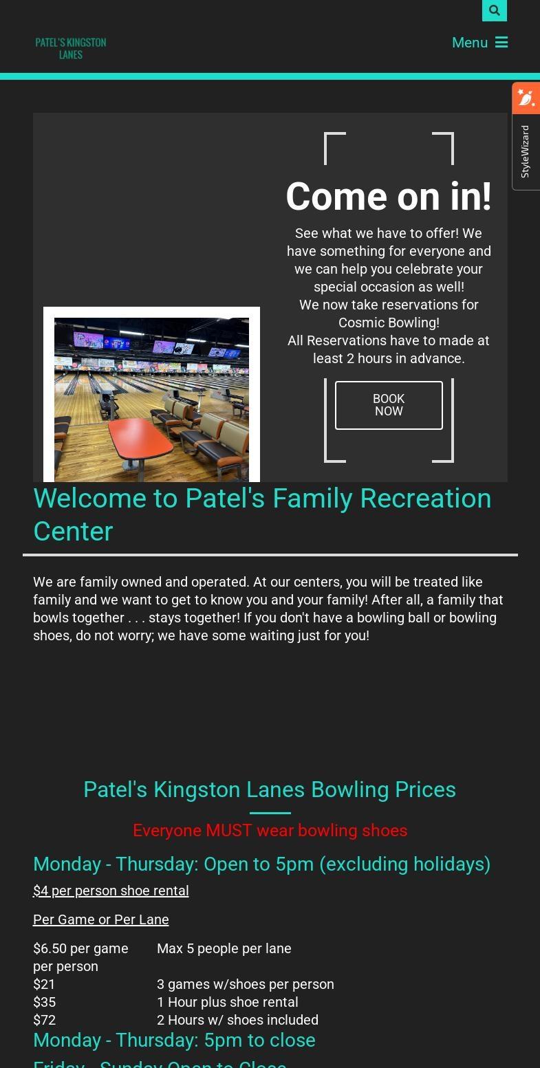 Patel's Kingston Lanes Menu