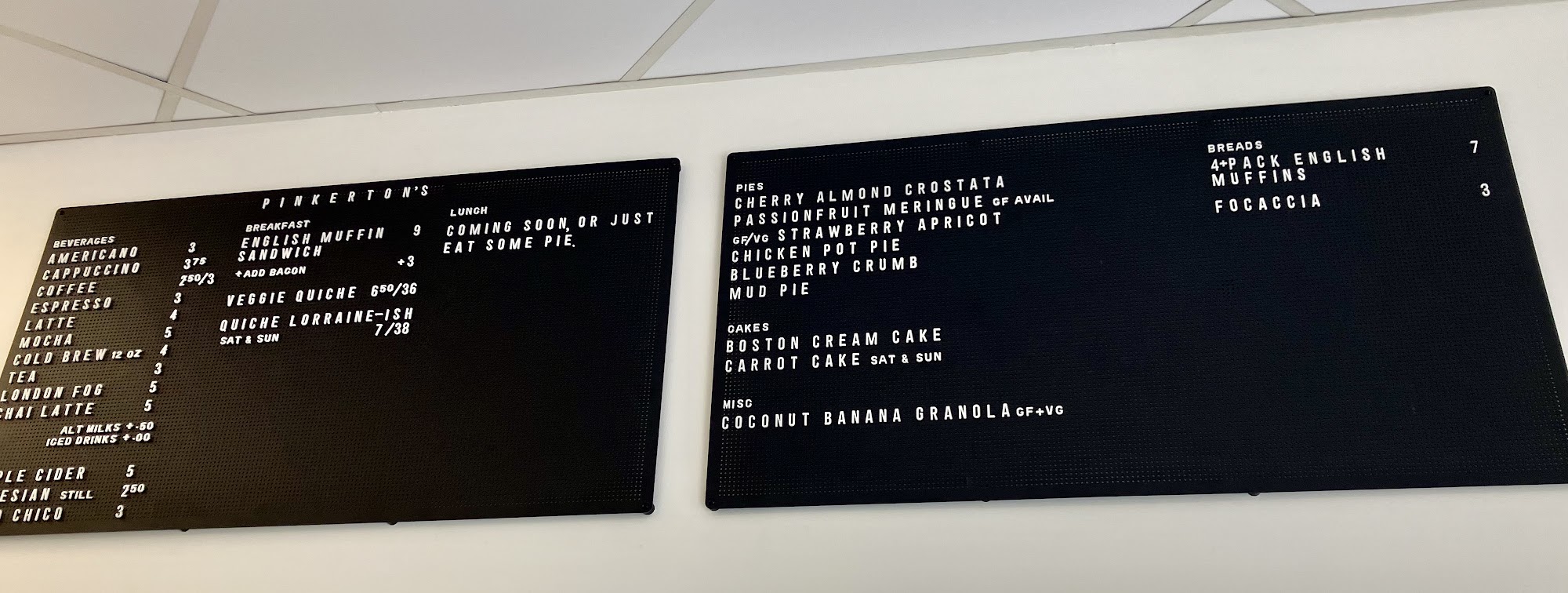 Pinkerton's Bakery Menu