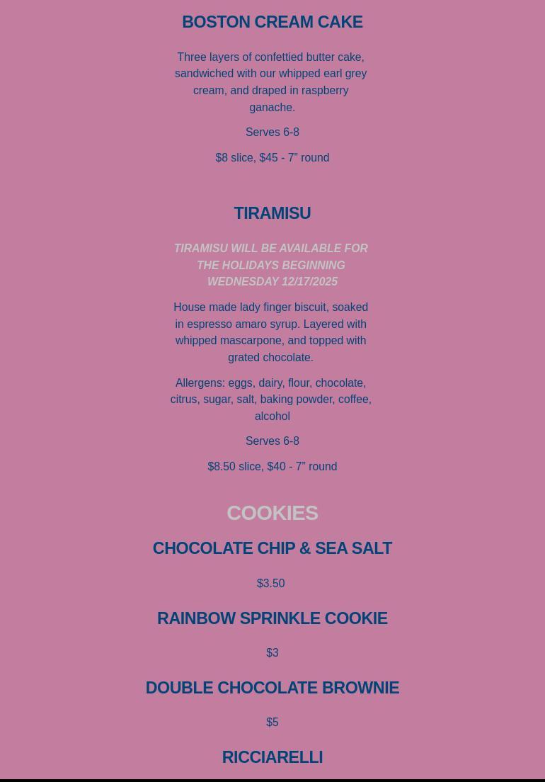 Pinkerton's Bakery Menu